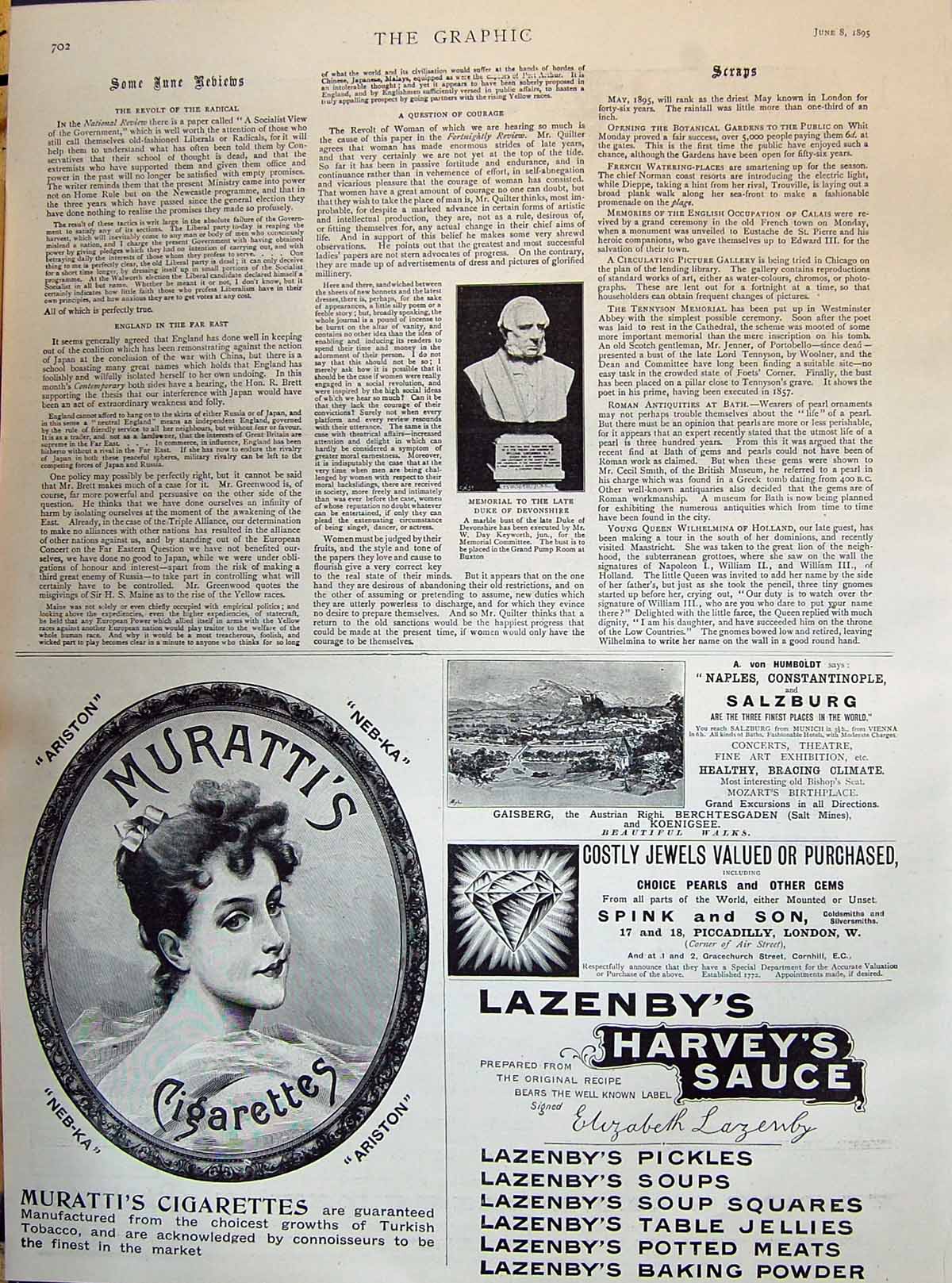 Old 1895 Late Devonshire Duke Memorial Muratti'S Cigarettes Lazenby'S Victorian