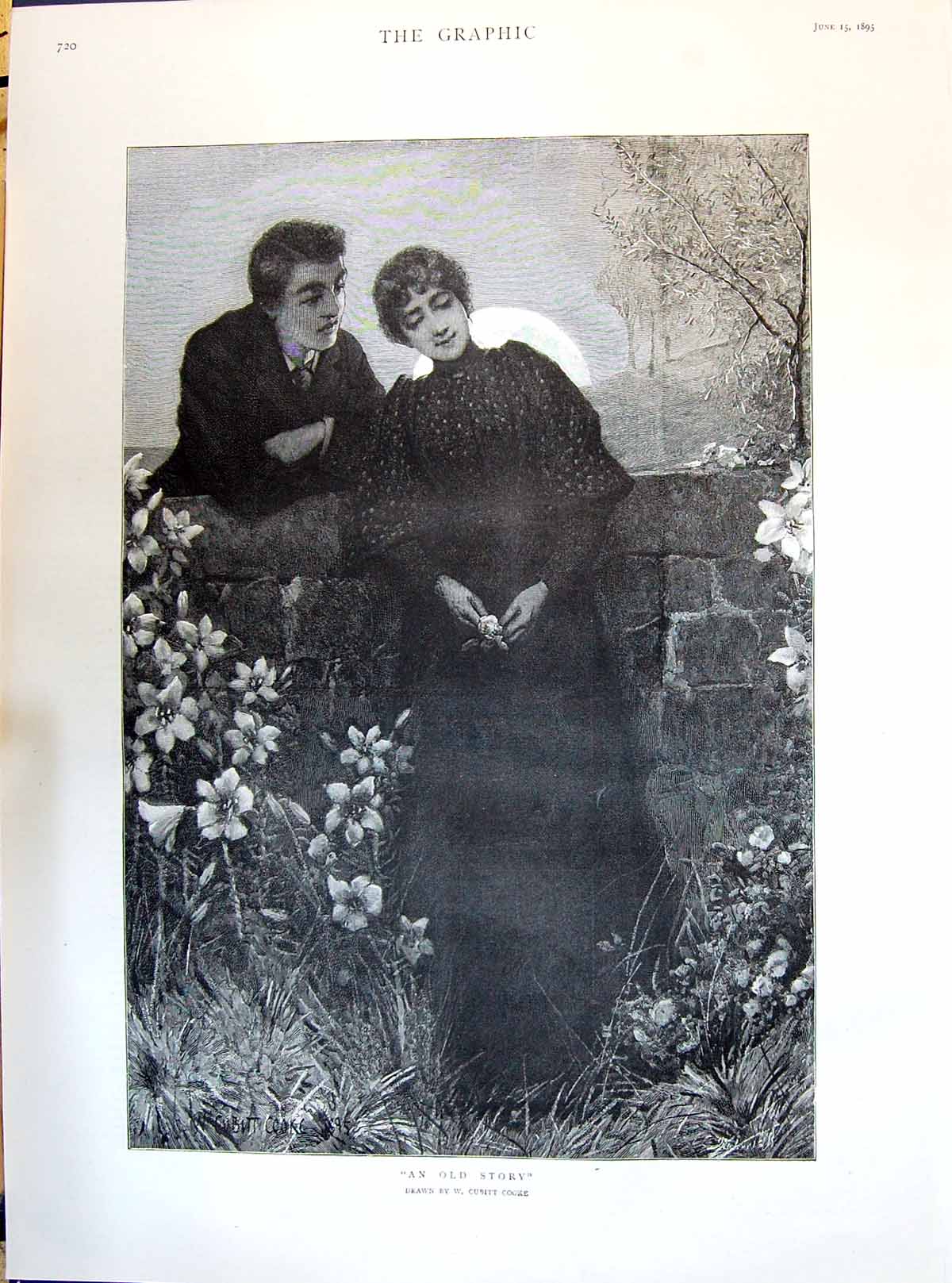 Antique Print 1895 Story Outdoor Scene Young Man Woman Romance Cooke Cowen 19th