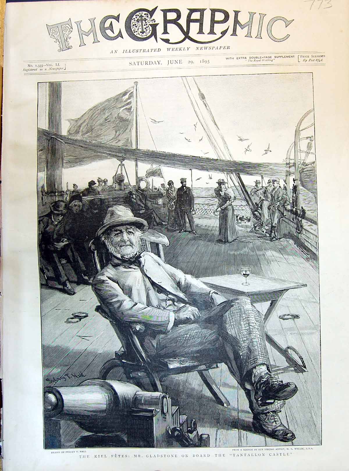 Antique Old Print 1895 Kiel Fetes Mr. Gladstone On Board Tantallon Castle Man