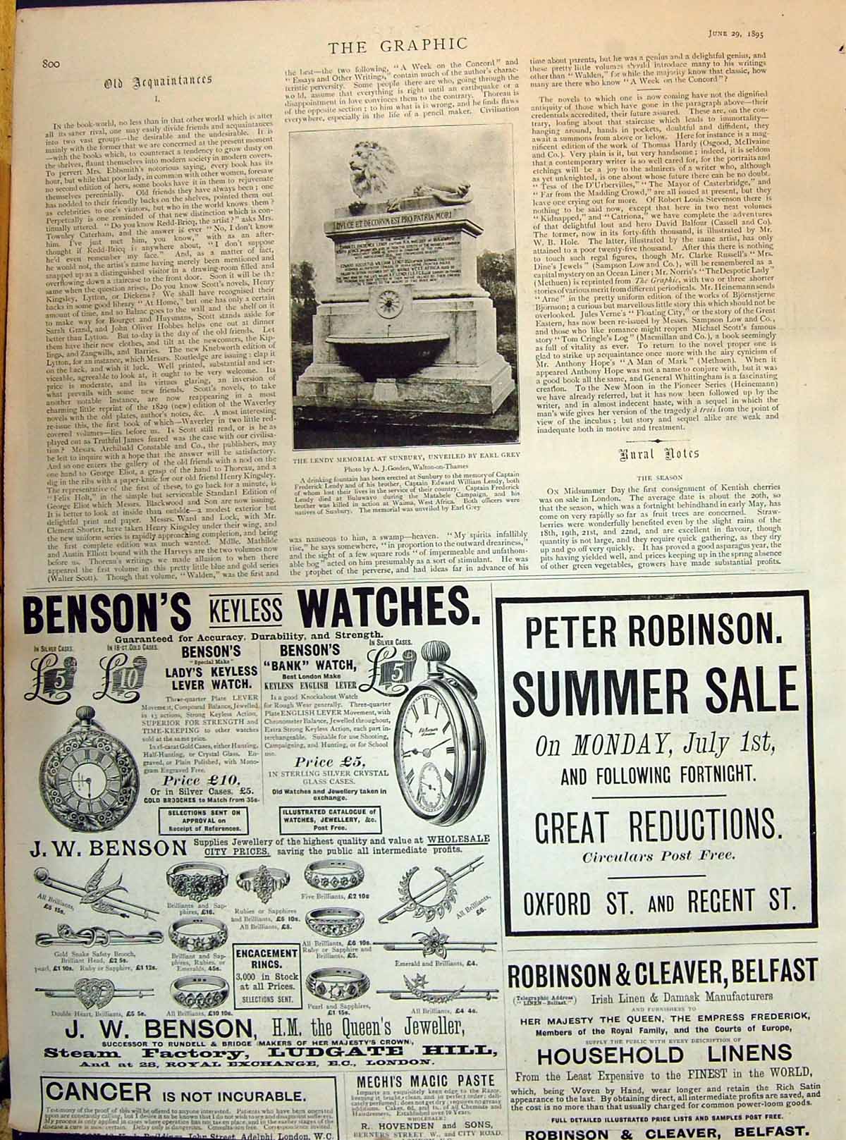 Old Print 1895 Lendy Memorial Sunbury Earl Grey Bensons Watches Robinson 19th