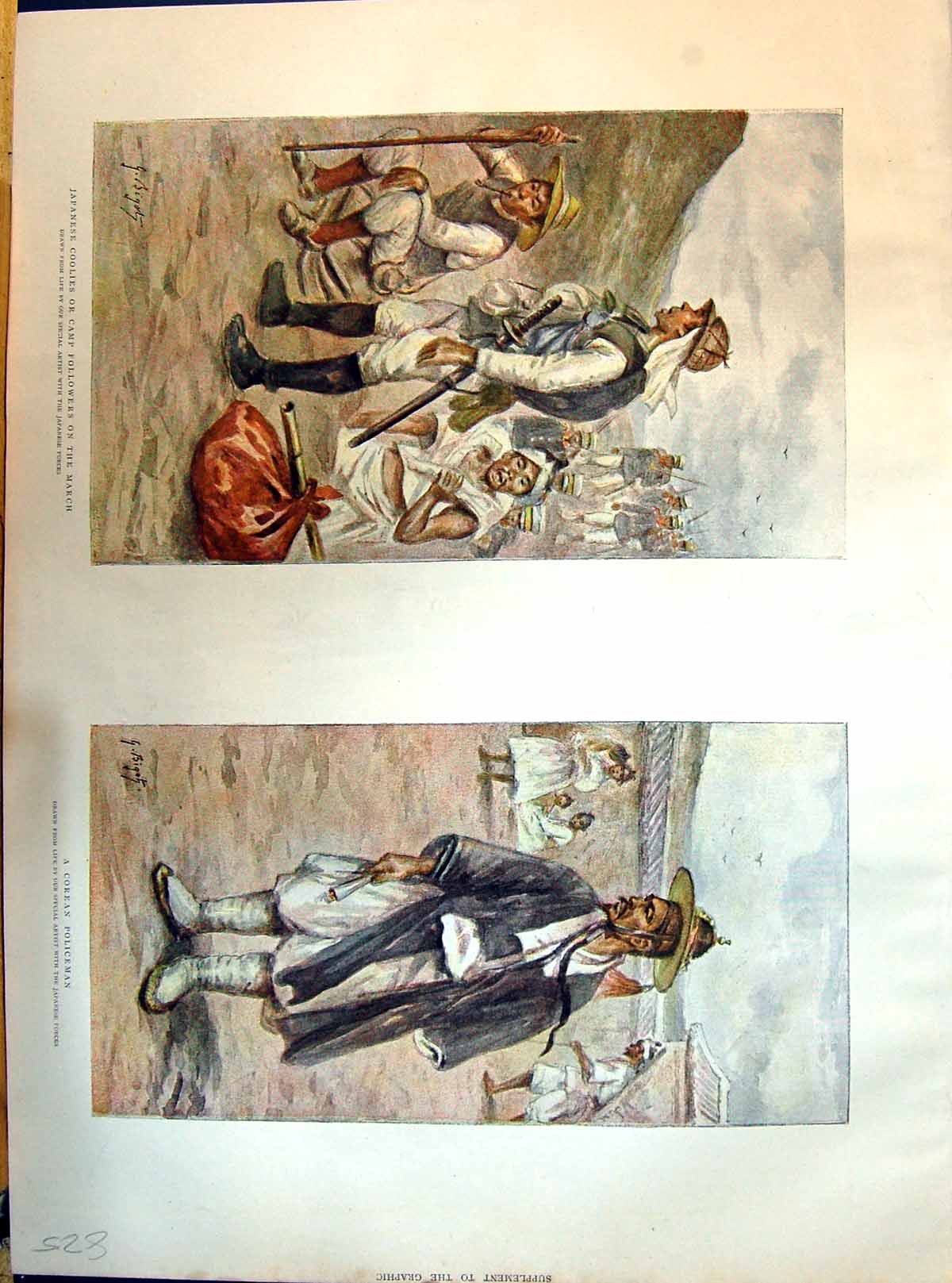 Antique Old Print 1895 Japanese Coolies Camp Followers March Corean Policeman