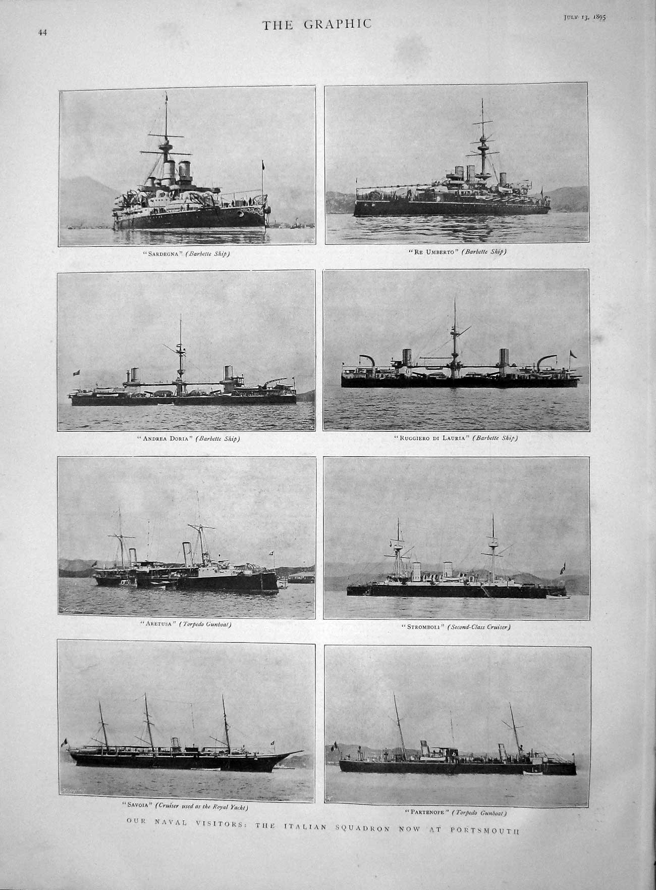 Original Old Antique Print 1895 Italian Ships Portsmouth Sardegna Aretusa 19th