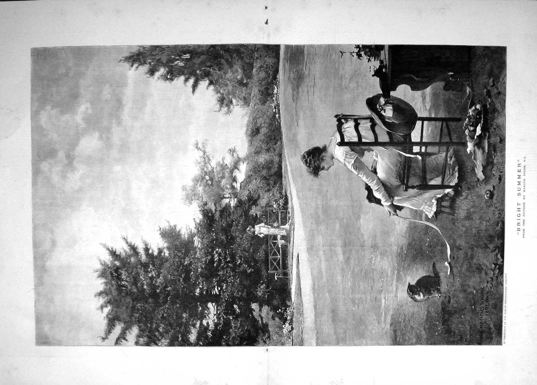 Original Old Antique Print 1895 Bright Summer Scene Lady Kitten Garden St 19th