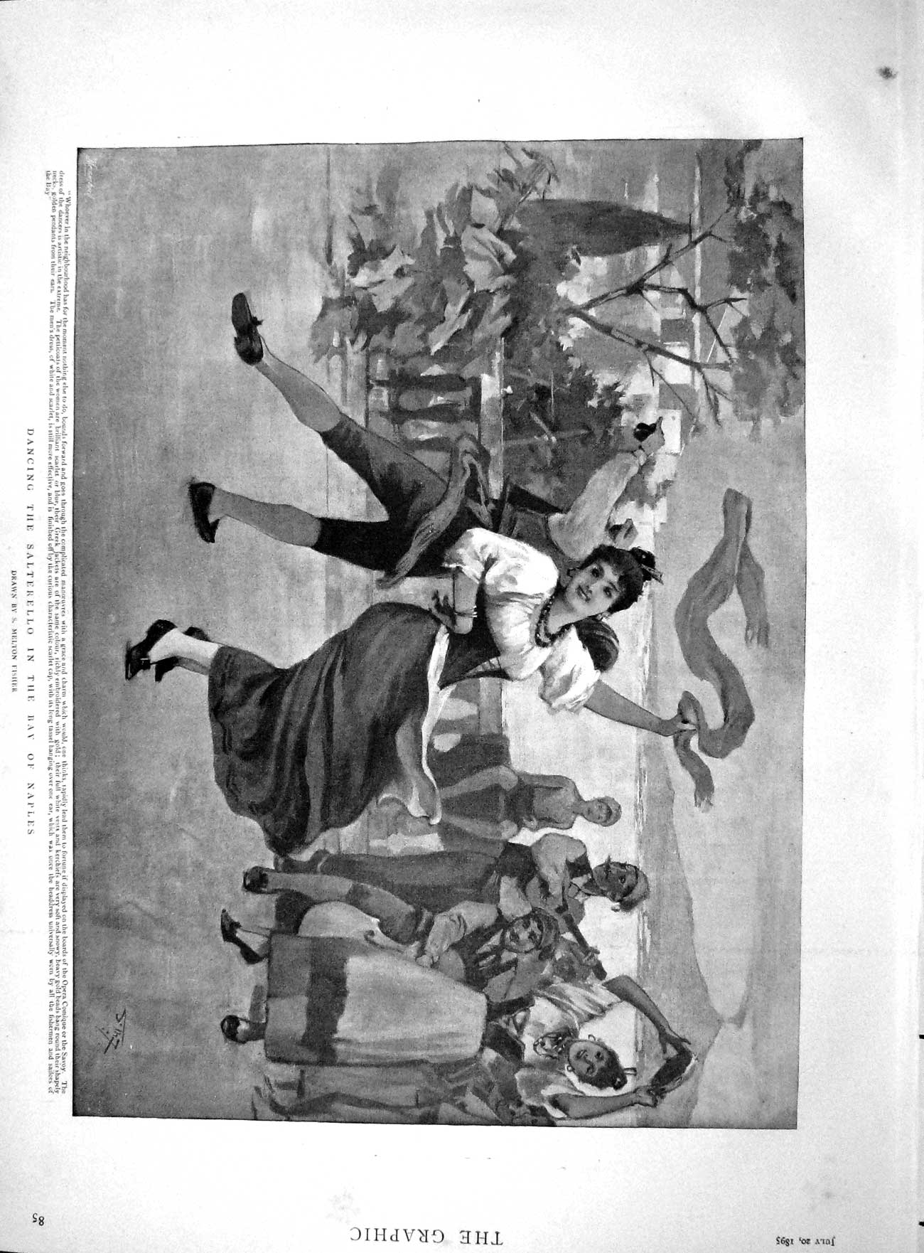 Old Antique Print 1895 Dancing Salterello Bay Naples Brent Geese Samoyed 19th
