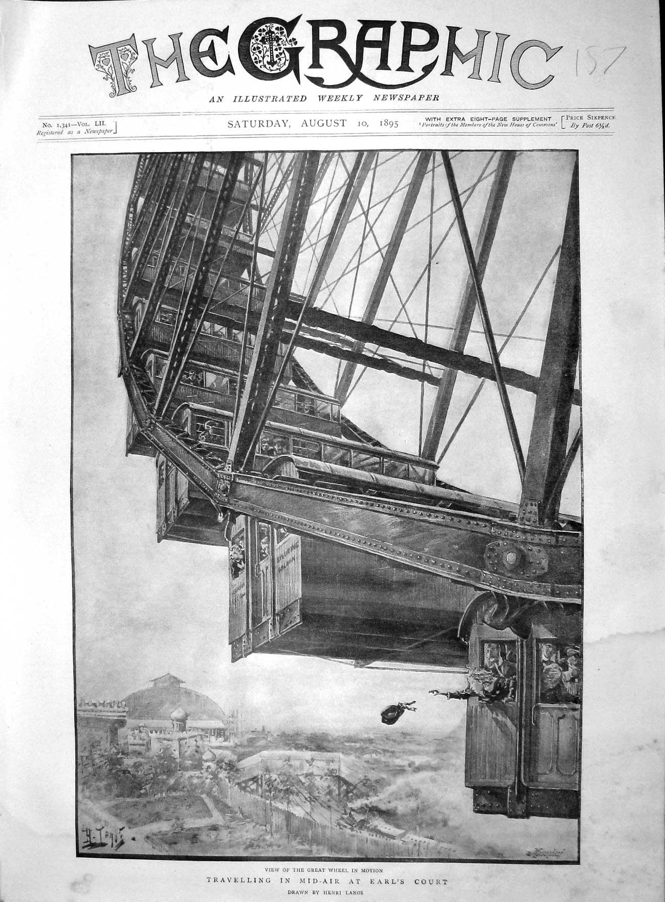 Old Antique Print 1895 Travelling Mid-Air Earl'S Court Great Wheel Motion 19th