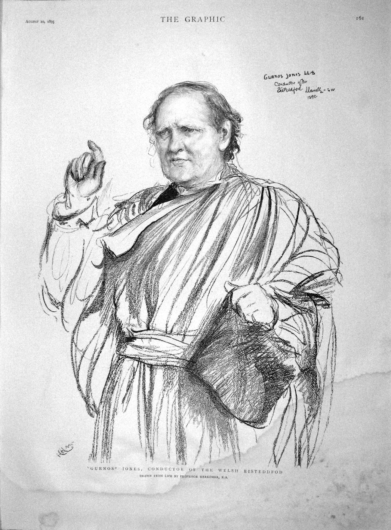 Old Antique Print 1895 Gurnos Jones Conductor Welsh Eisteddfod Portrait 19th