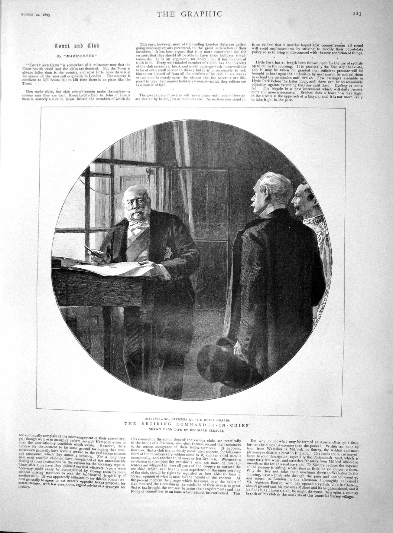 Original Old Antique Print 1895 Horse Guards Commander-In-Chief Romance Cycling