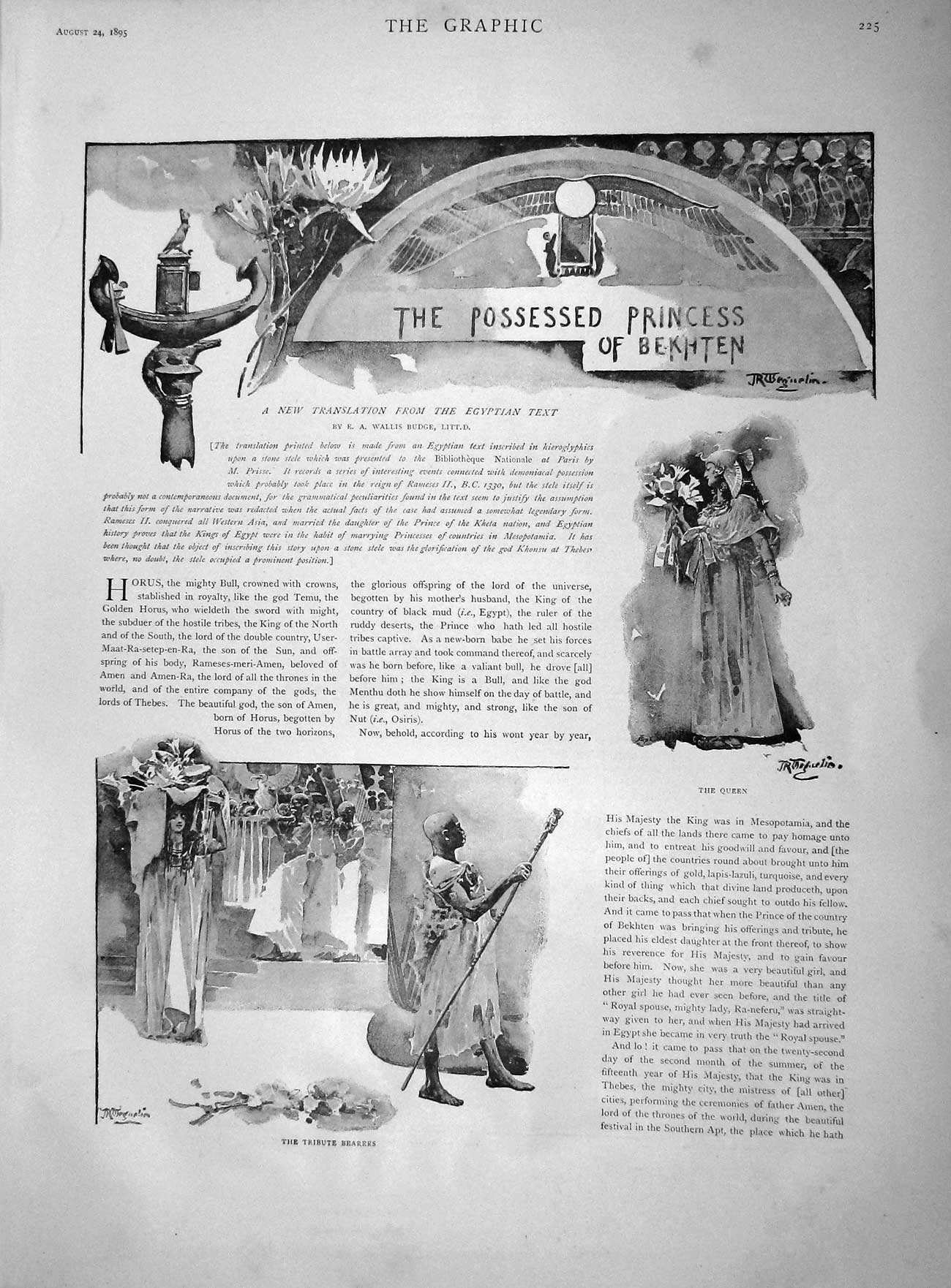 Original Old Antique Print 1895 Princess Bekhten Queen Tribute Bearers God 19th
