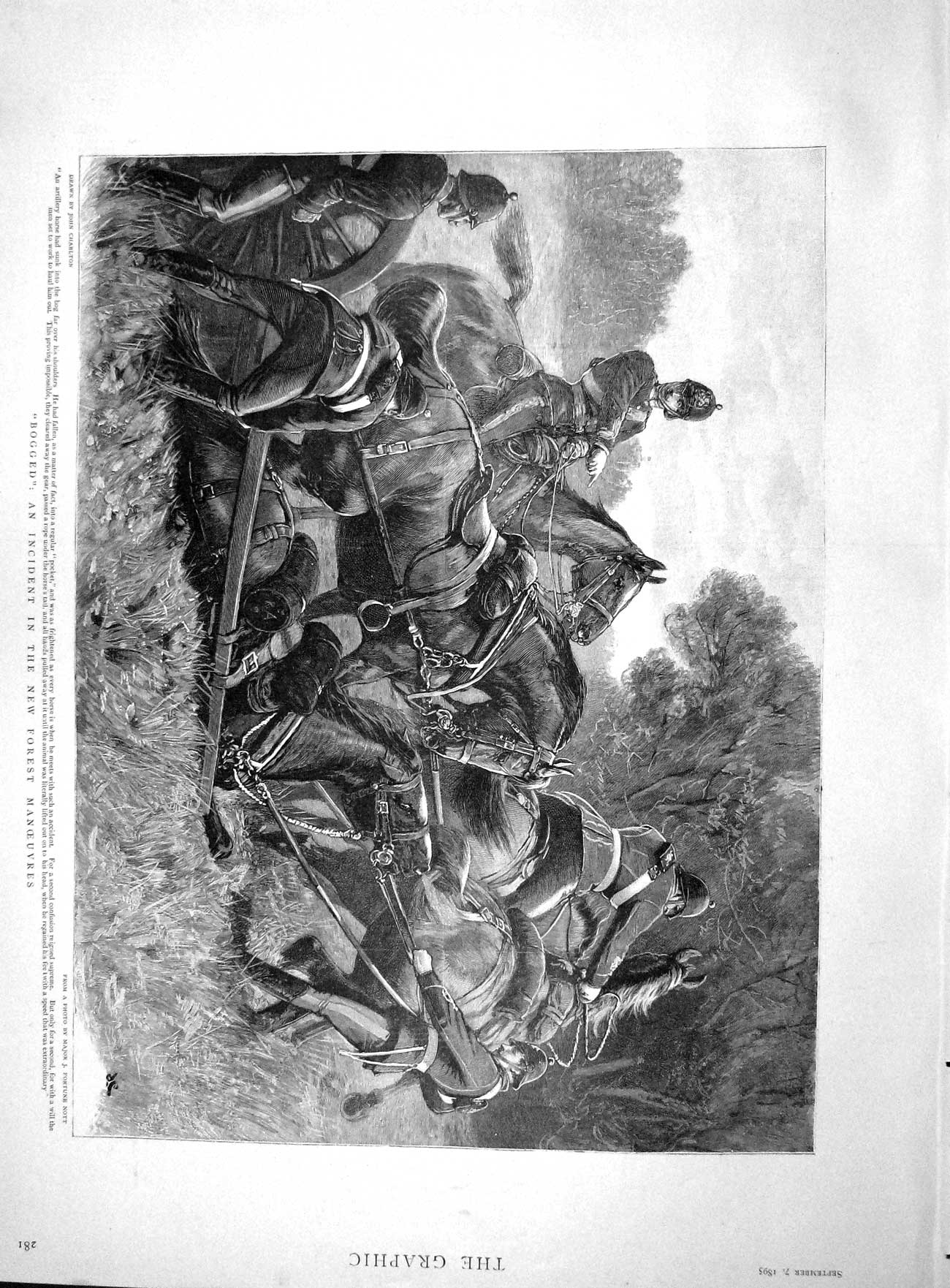 Original Old Antique Print 1895 Horses Sunk Bog Forest Emmerson Memorial 19th