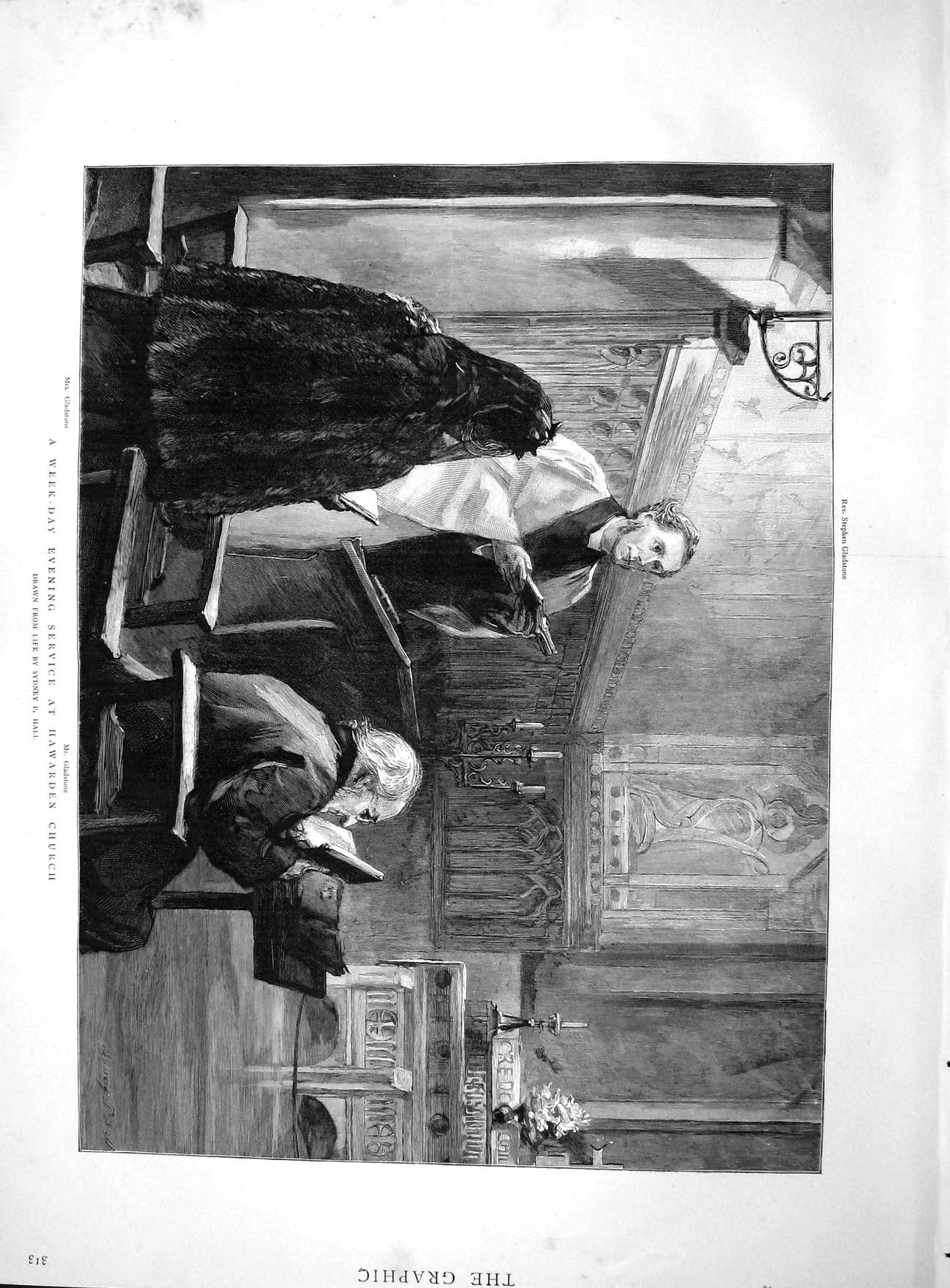 Original Old Antique Print 1895 Evening Service Hawarden Church Gladstone Hall