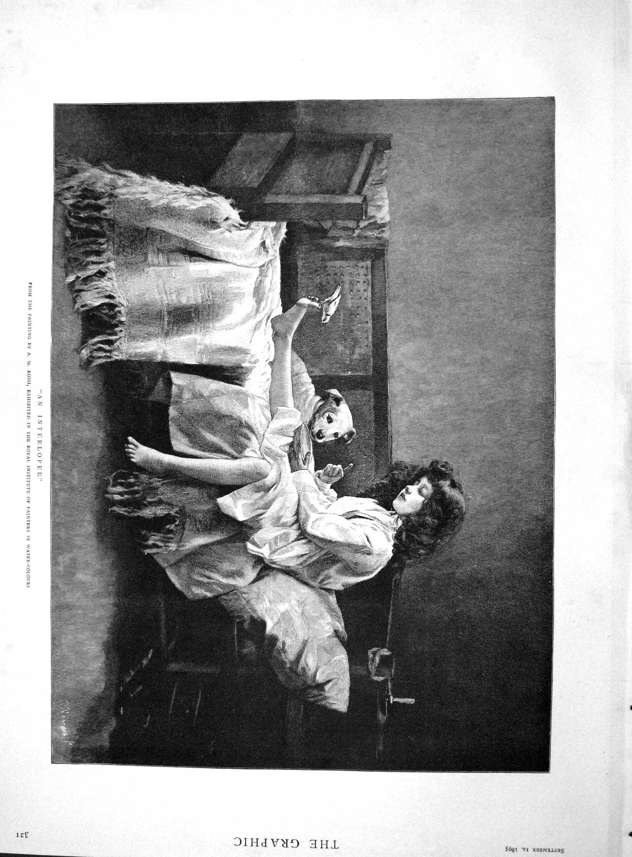 Old Antique Print 1895 Interloper Young Girl Bed Puppy Dog Bird Rossi Art 19th