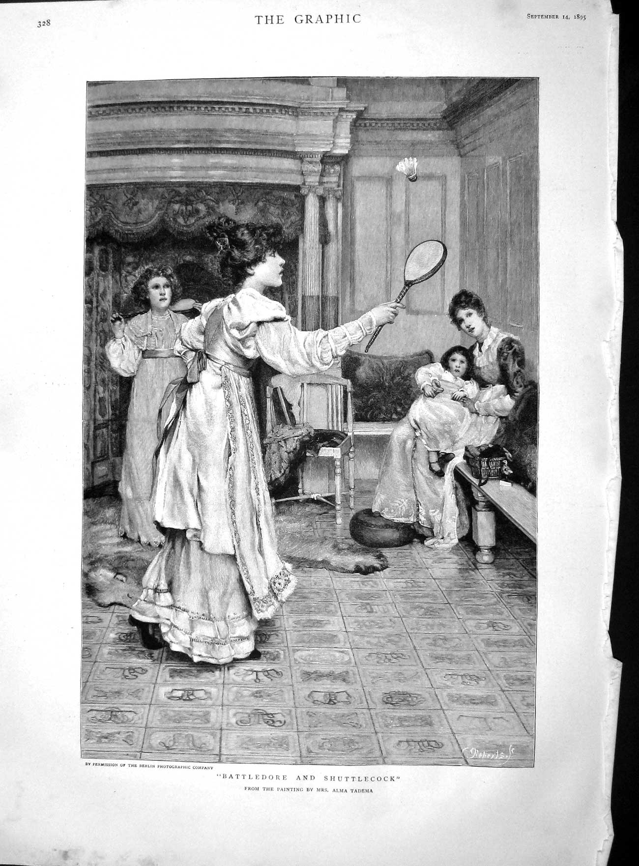 Old Antique Print 1895 Battledore Shuttlecock Raquet Sport Ladies Tadema 19th