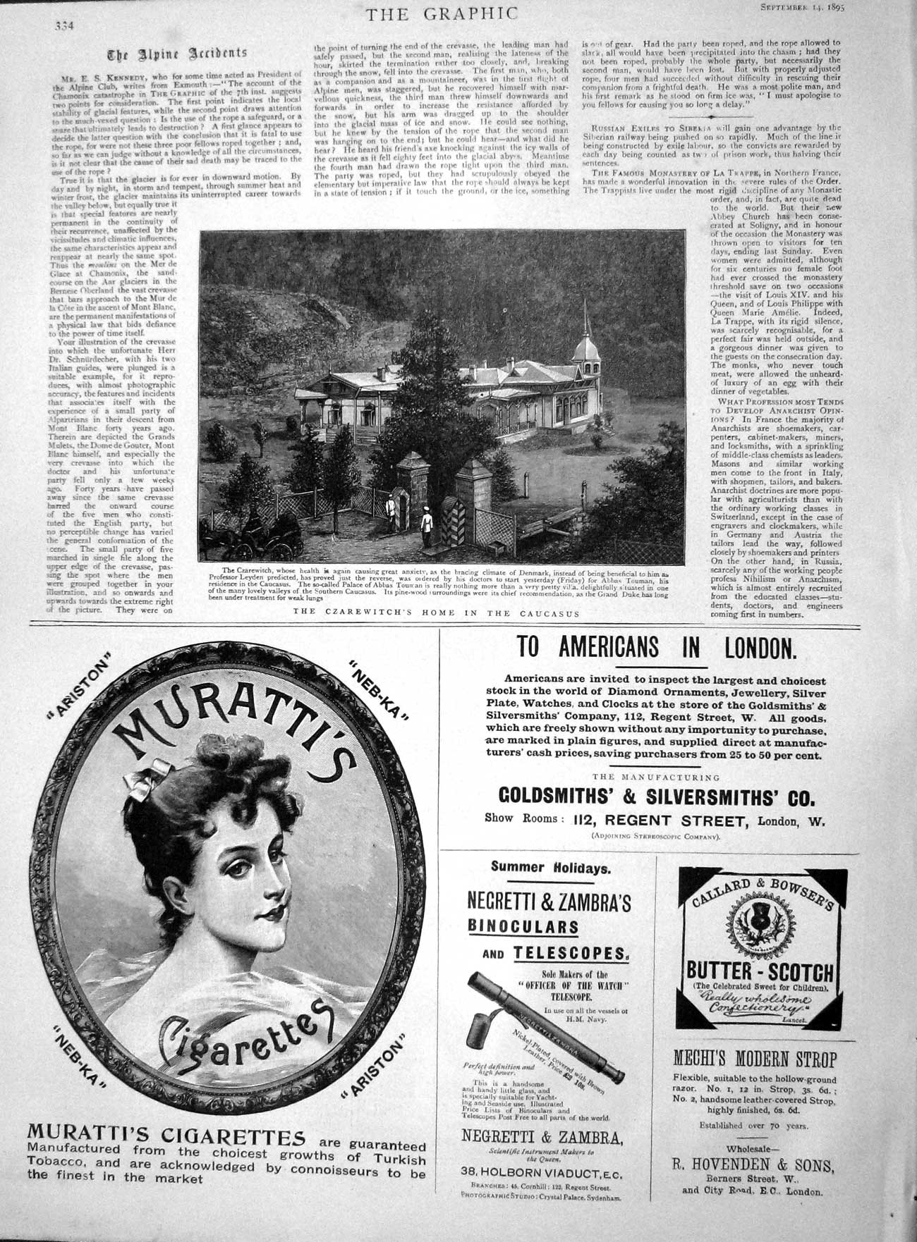 Old Antique Print 1895 Czarewitch Caucasus Muratti Cigarettes Telescope 19th
