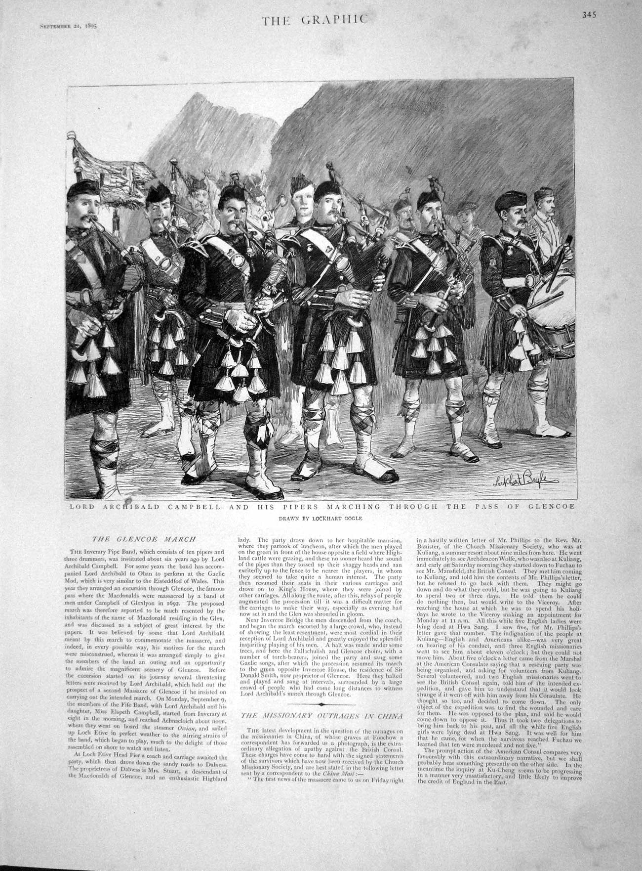 Original Old Antique Print 1895 Lord Archibald Campbell Pipers Glencoe China