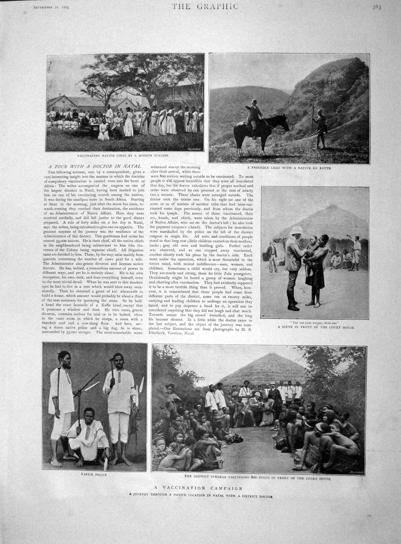 Original Old Antique Print 1895 Doctor Natal Vaccination Kaffir Police Alhambra