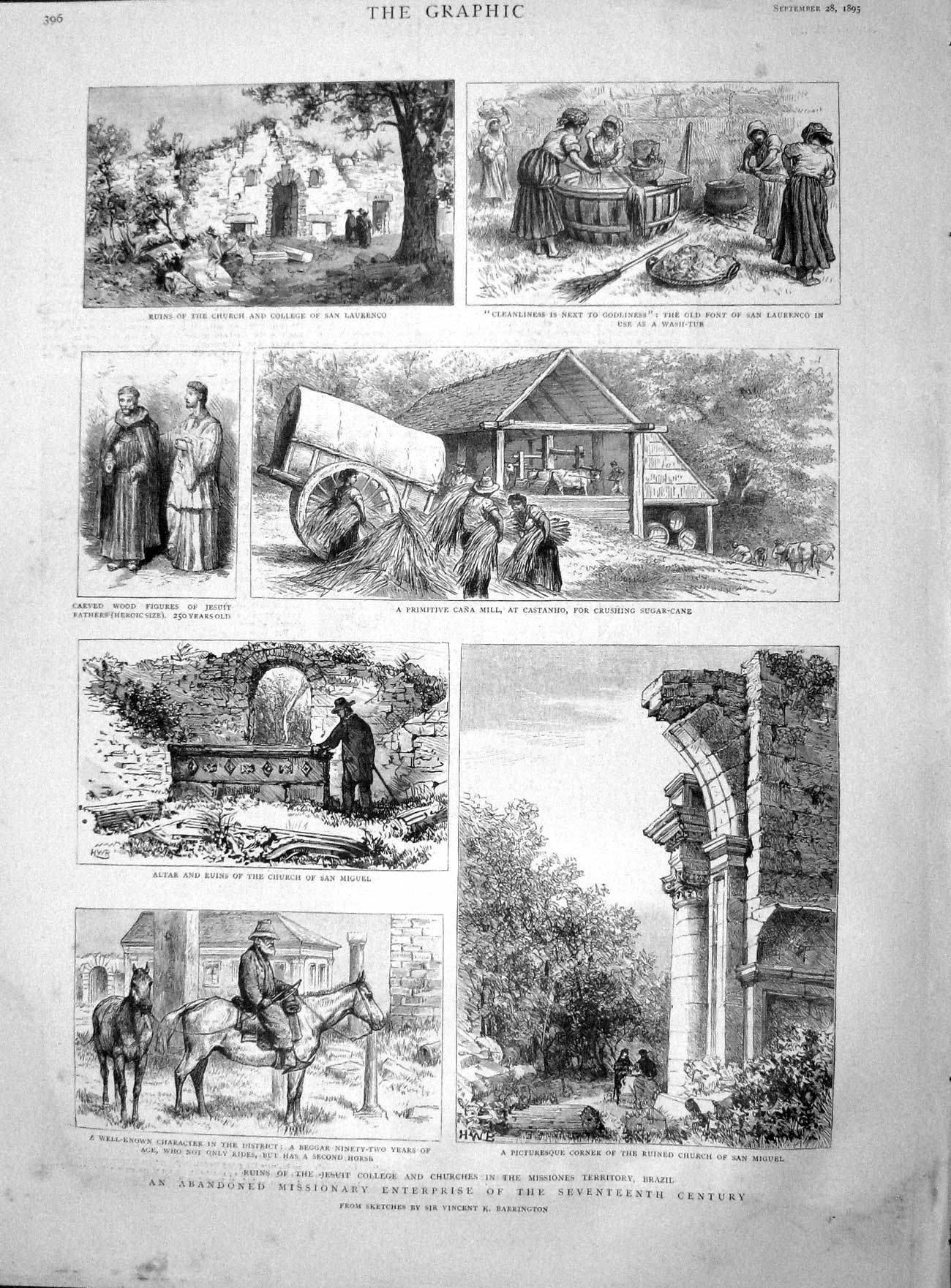 Old Antique Print 1895 Church Laurenco Cana Mill San Miguel Jesuit Brazil 19th