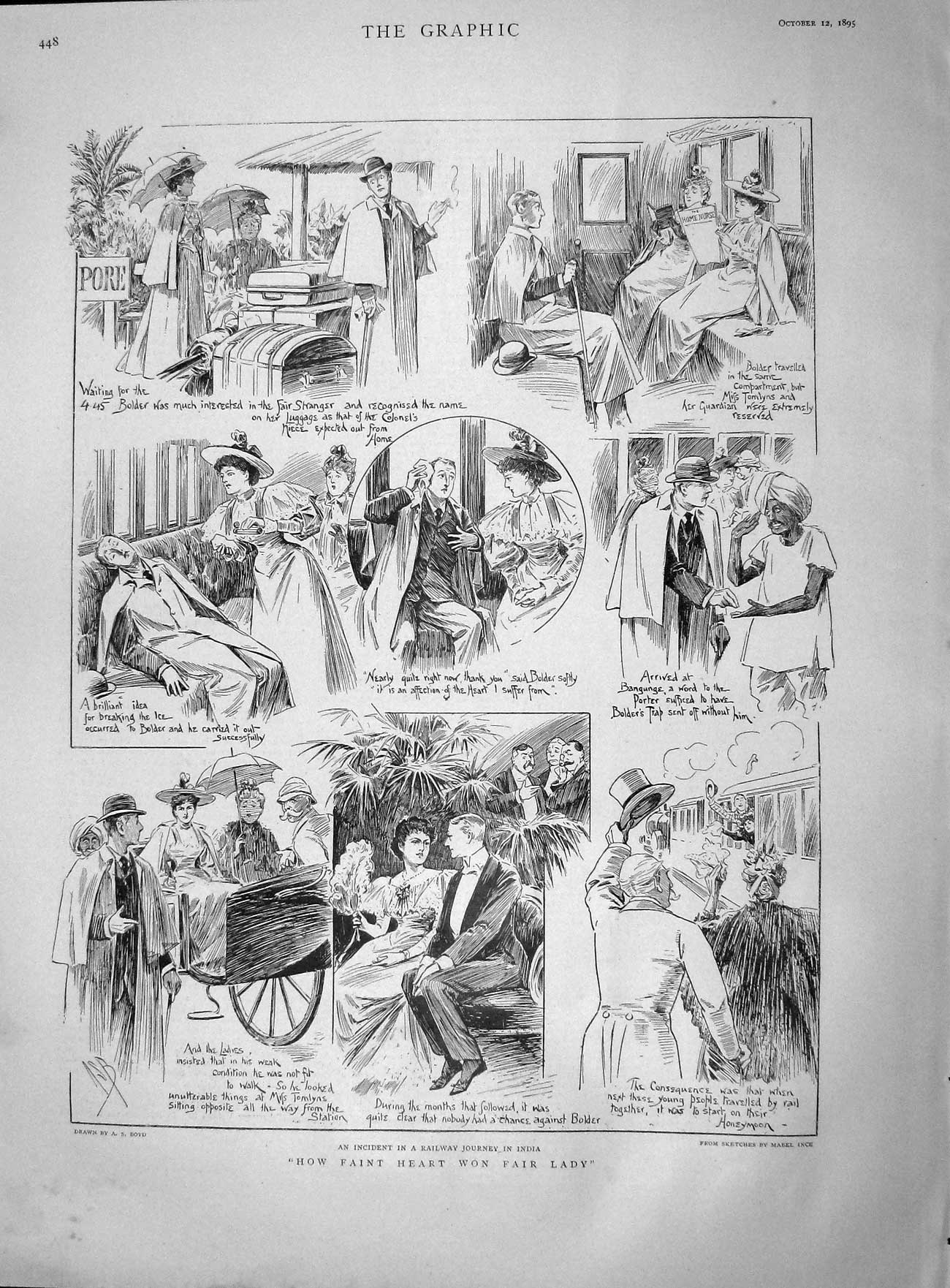 Original Old Antique Print 1895 Romance Lady Man Train Transport 19th