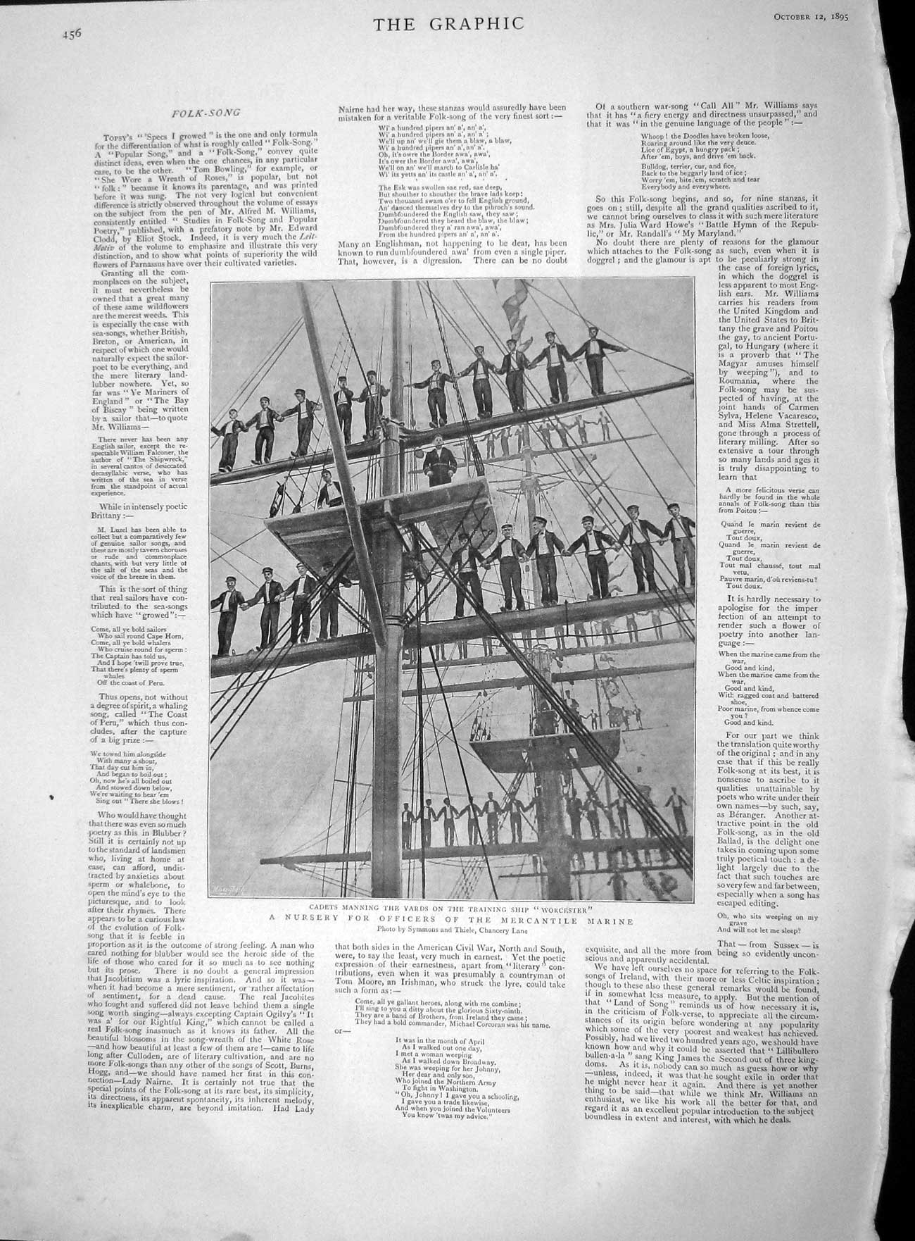 Original Old Antique Print 1895 Cadets Manning Yards Training Ship Worcester