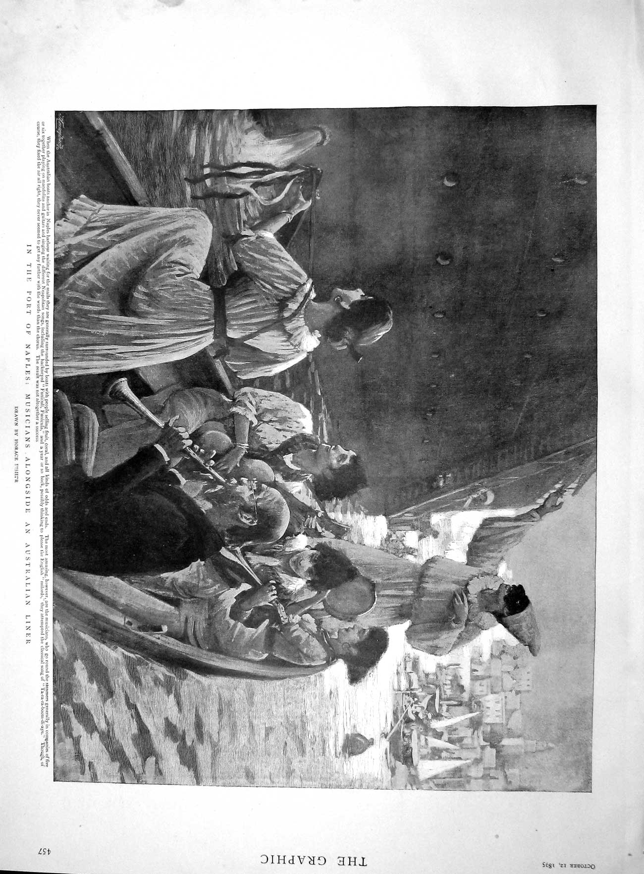 Original Old Antique Print 1895 Port Naples Musicians Australian Liner Shi 19th