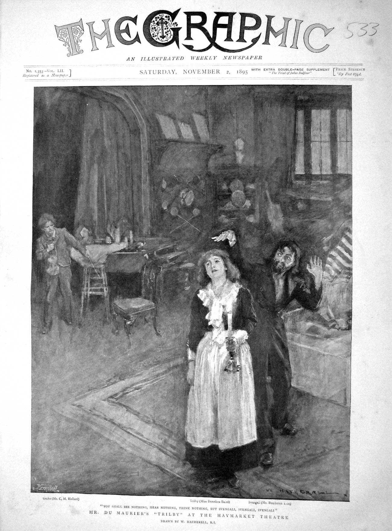 Original Old Antique Print 1895 Mr Du Maurier'S Trilby Haymarket Theatre S 19th
