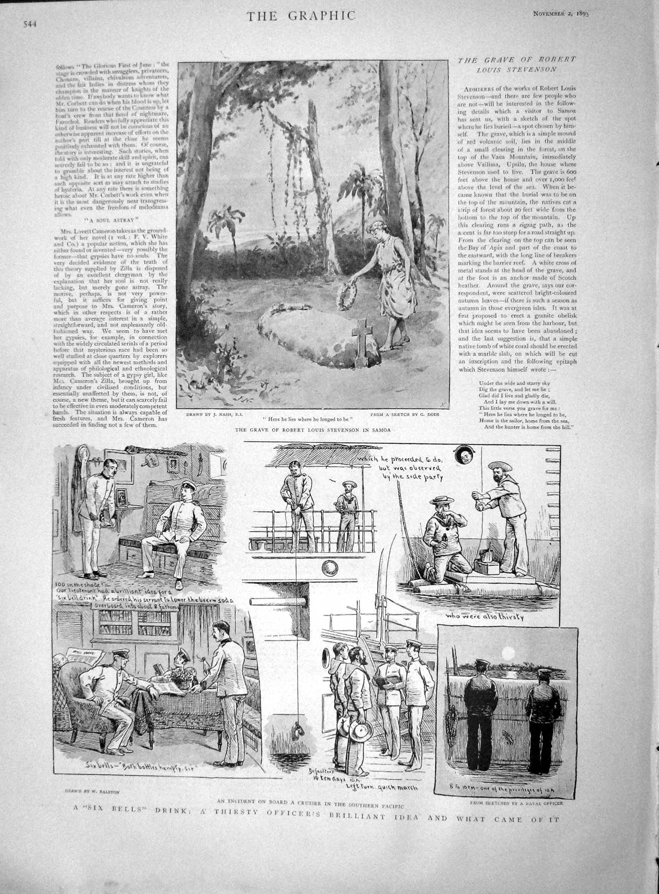 Old Antique Print 1895 Grave Robert Stevenson Samoa Cruiser Ship Pacific 19th