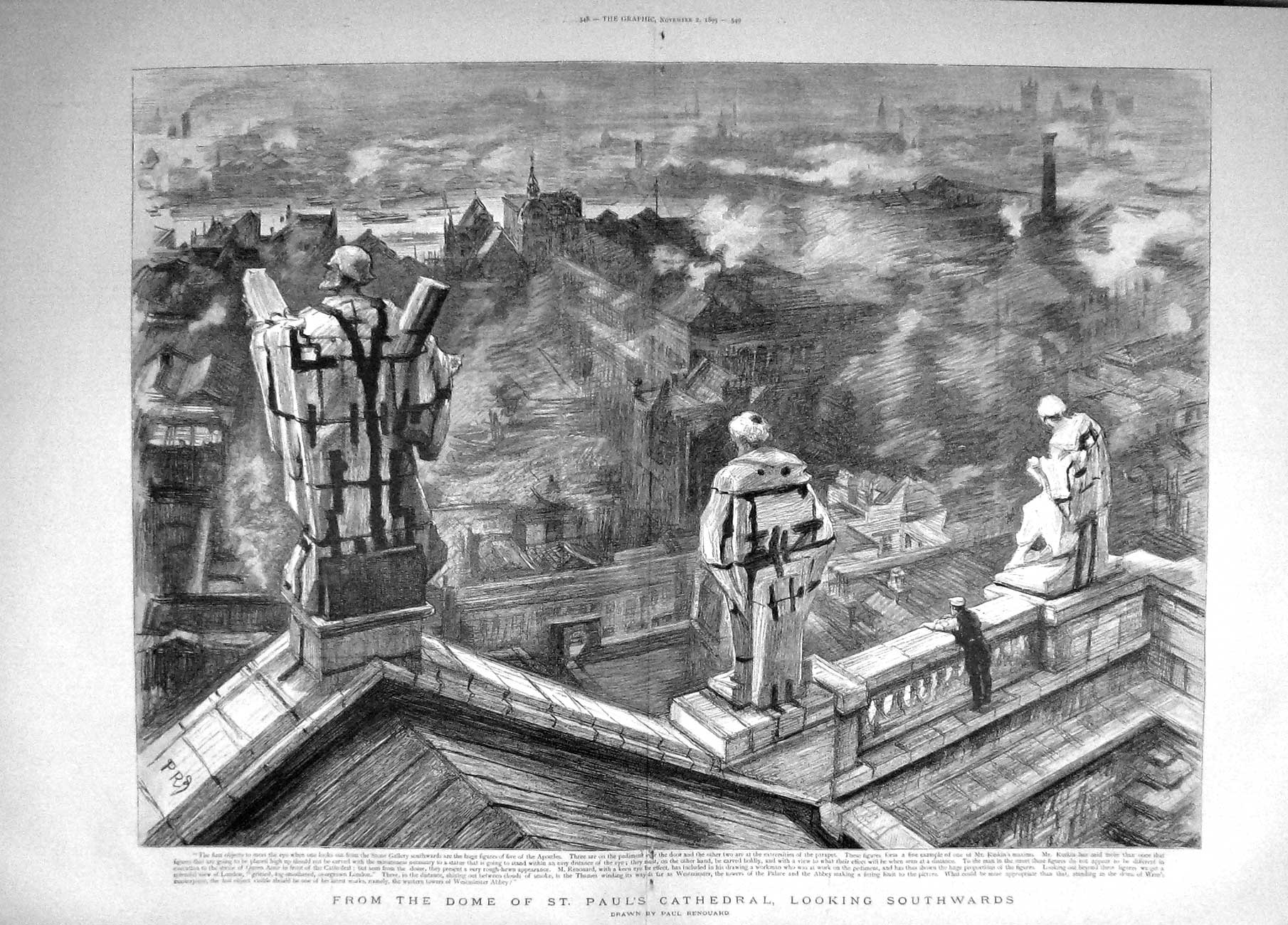Original Old Antique Print 1895 View London Dome St. Paul'S Cathedral Renouard