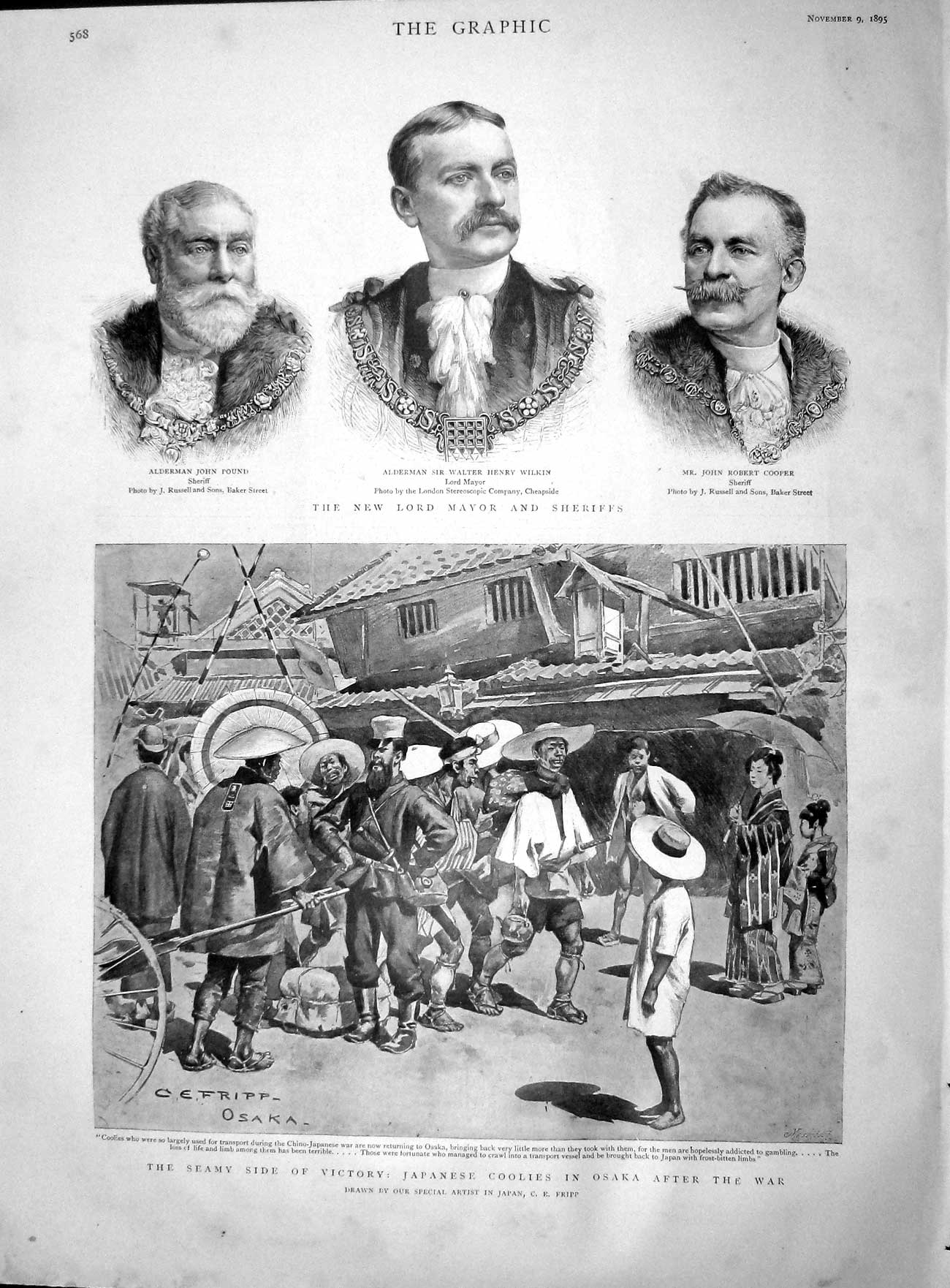Original Old Antique Print 1895 Mayor Sheriff Cooper Wilkin Pound Coolies Osaka
