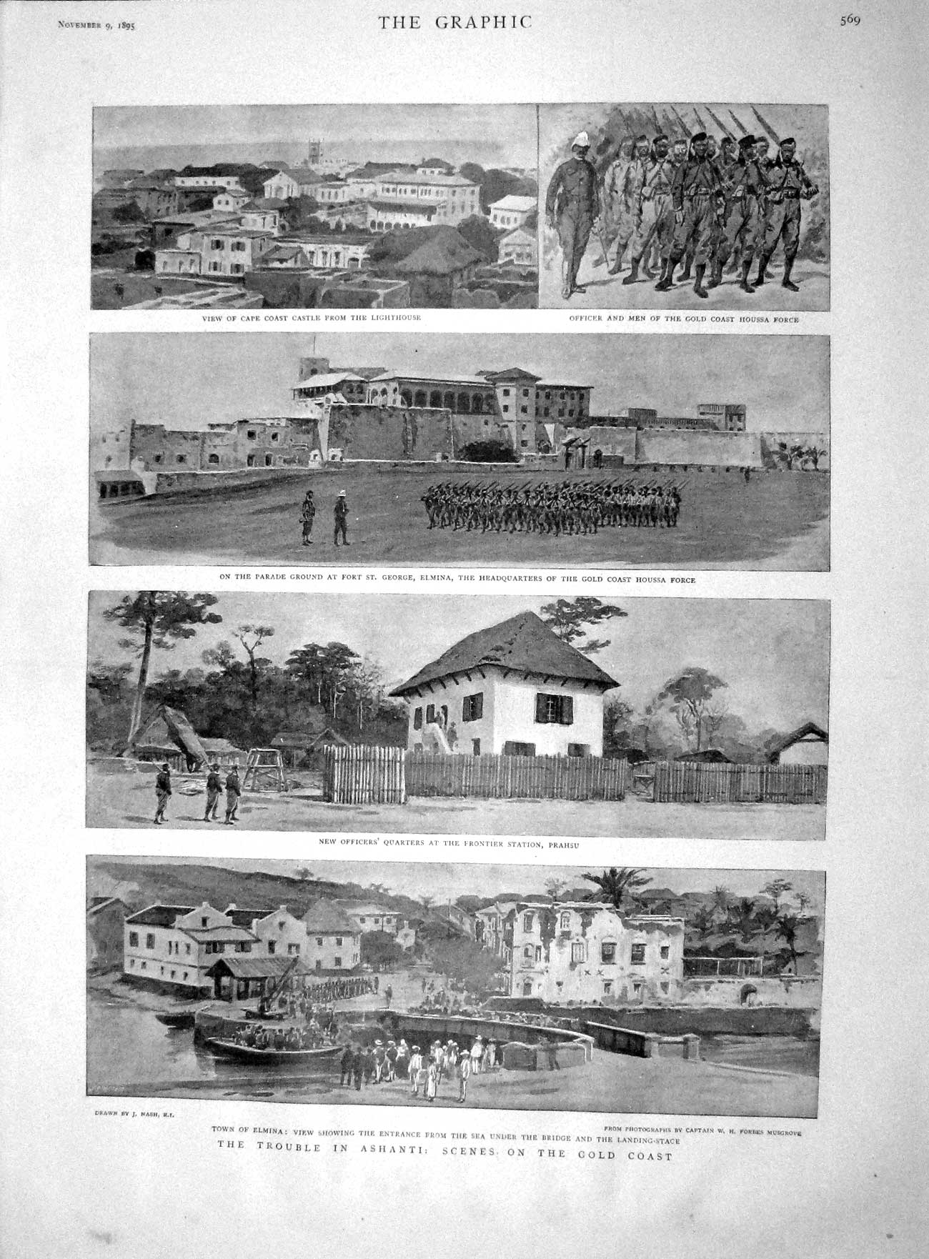 Original Old Antique Print 1895 Ashanti GCoast Cape Castle Fort Elmina Victorian