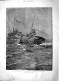 Original Old Antique Print 1895 Tug Ship Wreck North Sea Carlos King P Victorian