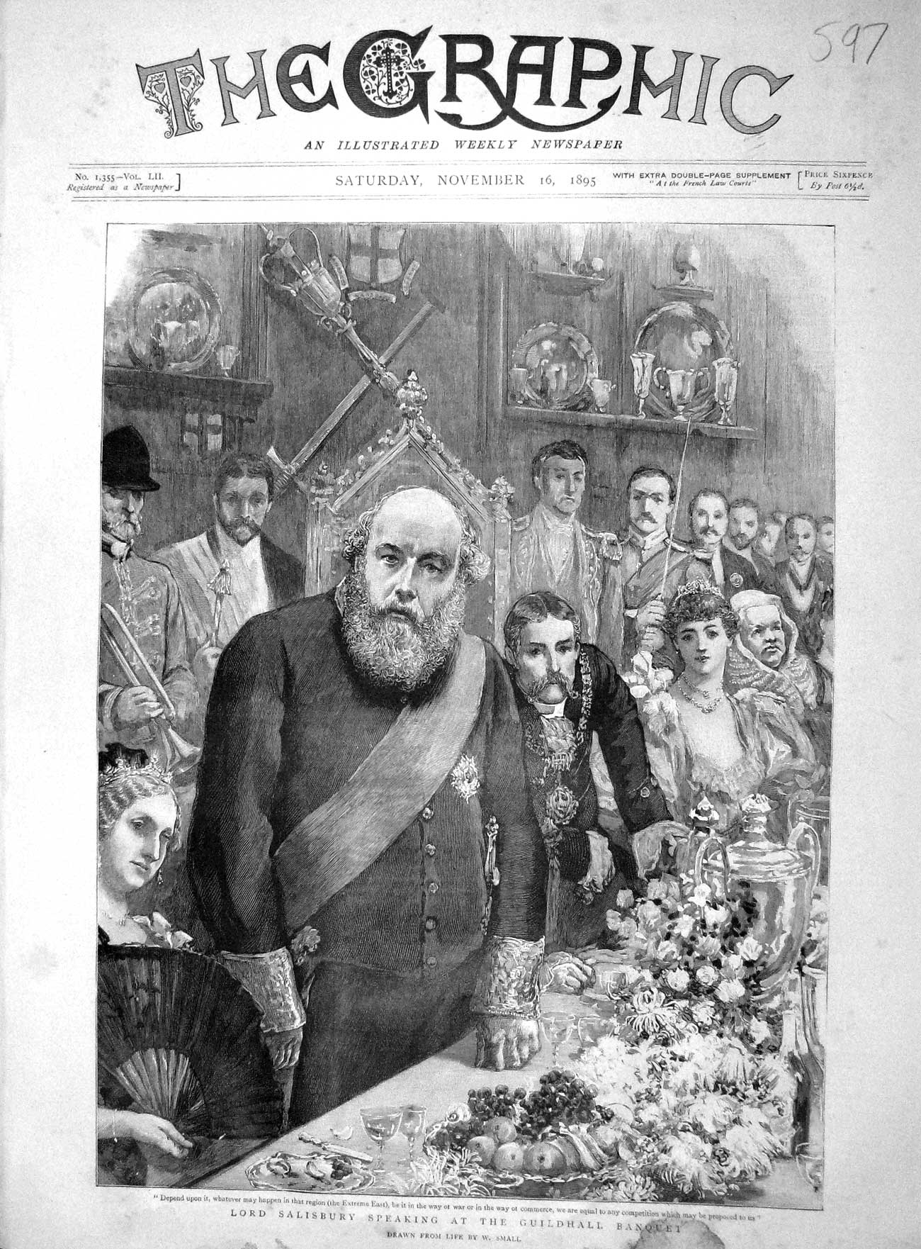 Original Old Antique Print 1895 Lord Salisbury Speaking Guildhall Banquet 19th