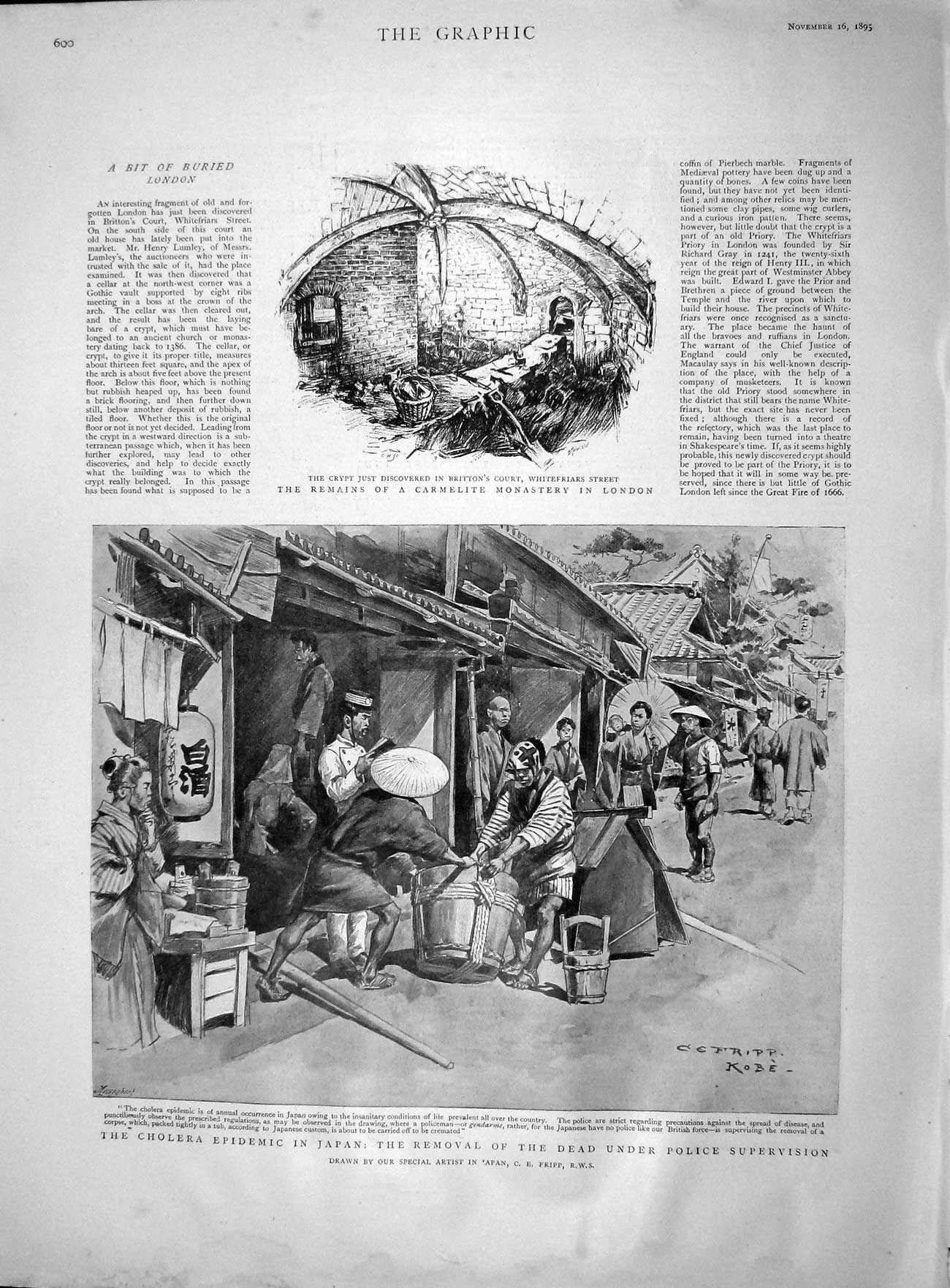 Original Old Antique Print 1895 Cholera Japan Police Carmelite Monastery London