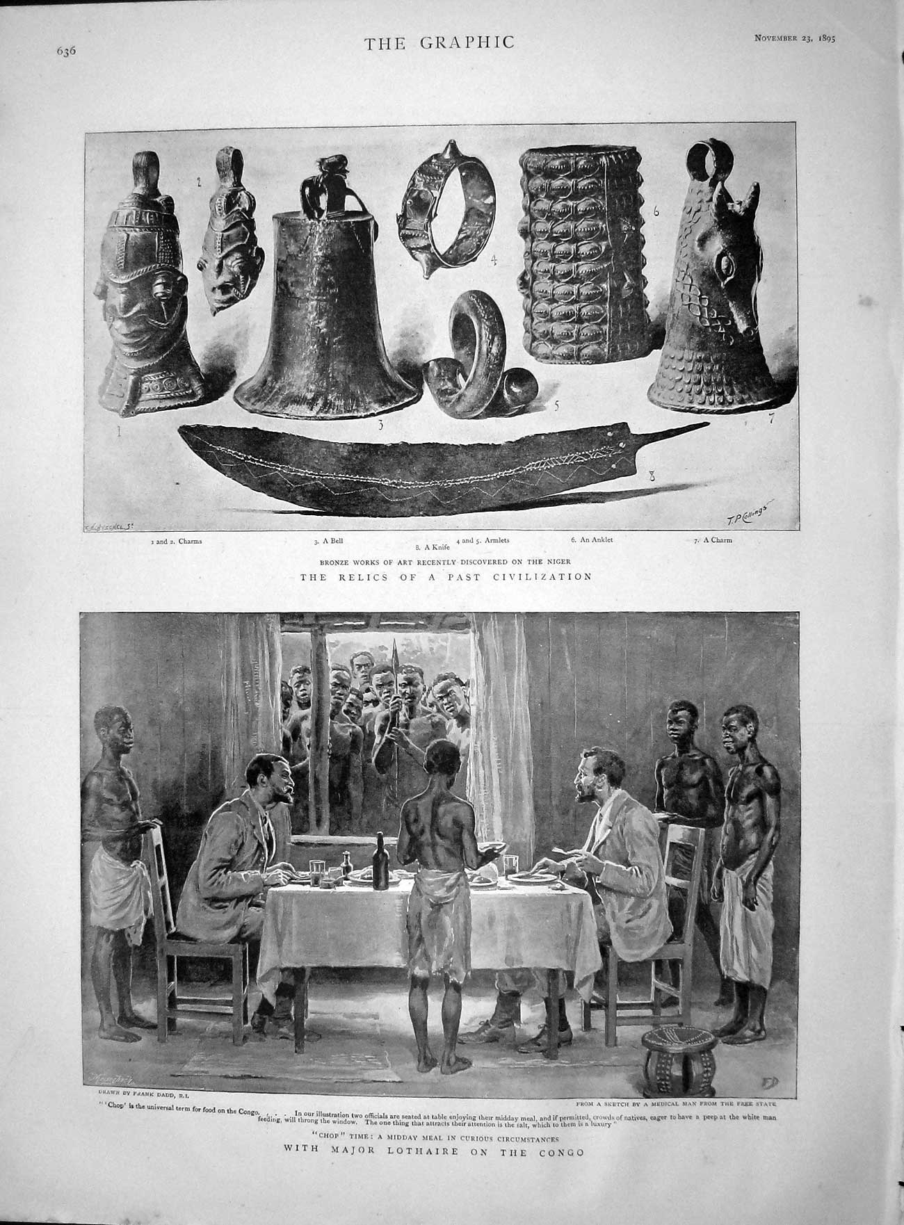 Original Old Antique Print 1895 Major Lothaire Congo Bronze Works Bell Knif 19th