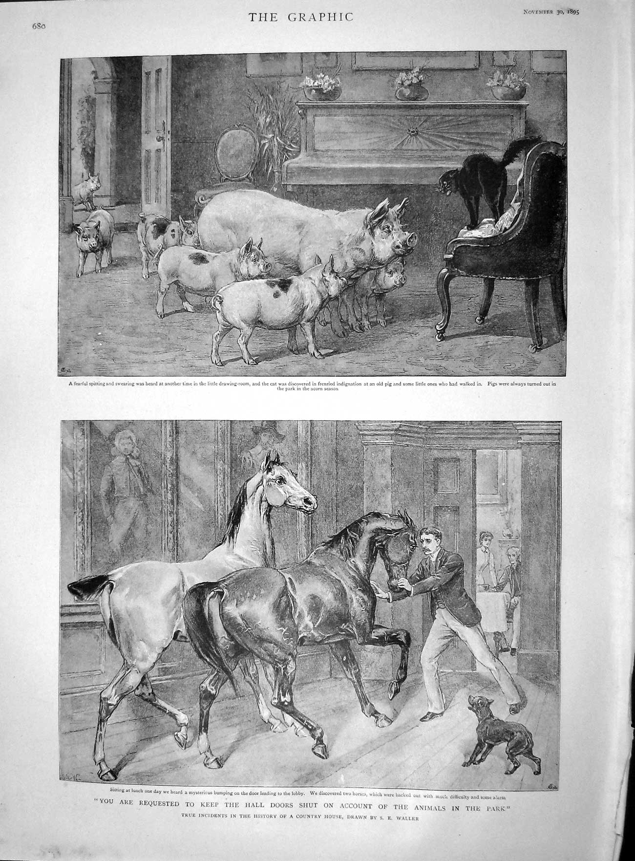 Old Antique Print 1895 Animals Country House Deer Pigs Hounds Dogs Horses 19th