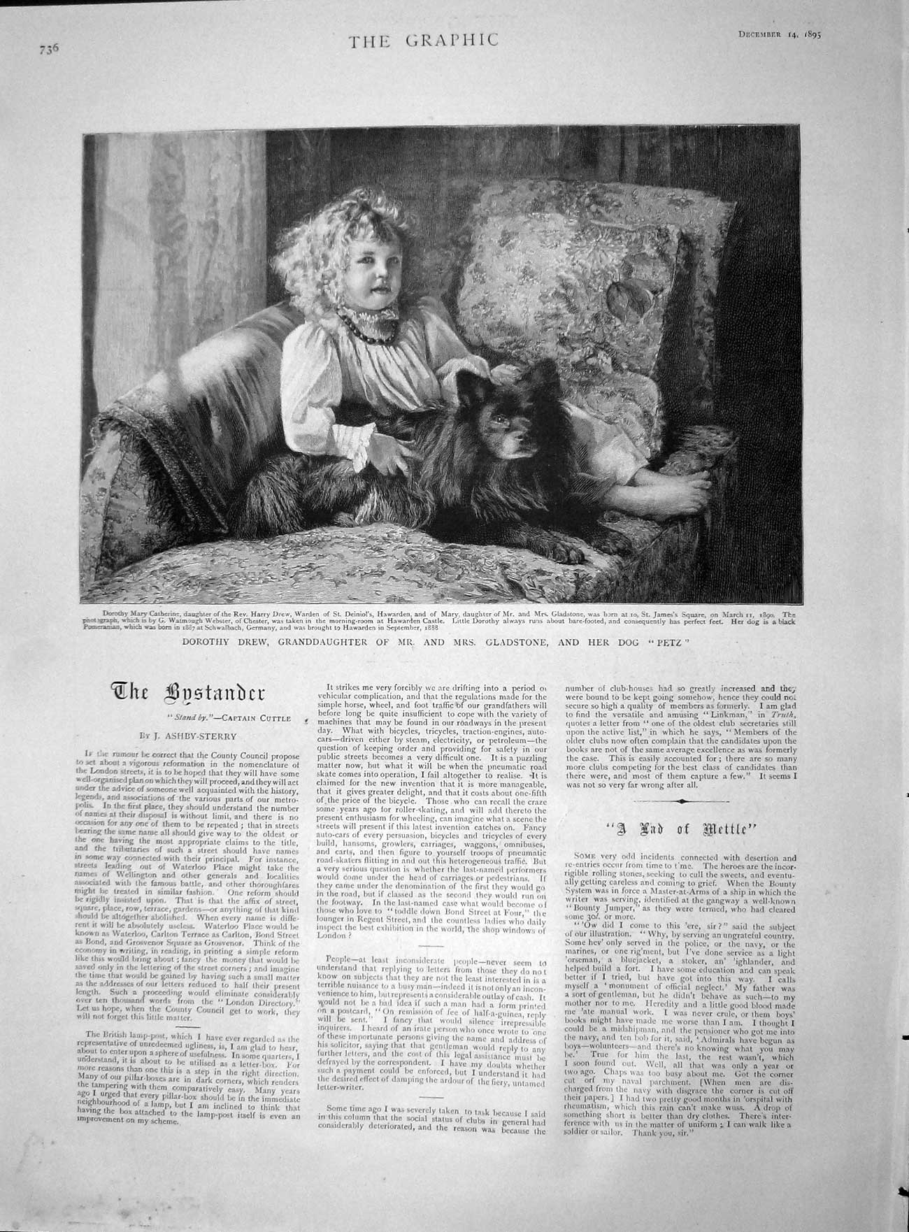 Original Old Antique Print 1895 Dorothy Drew Grandaughter Gladstone Dog Petz