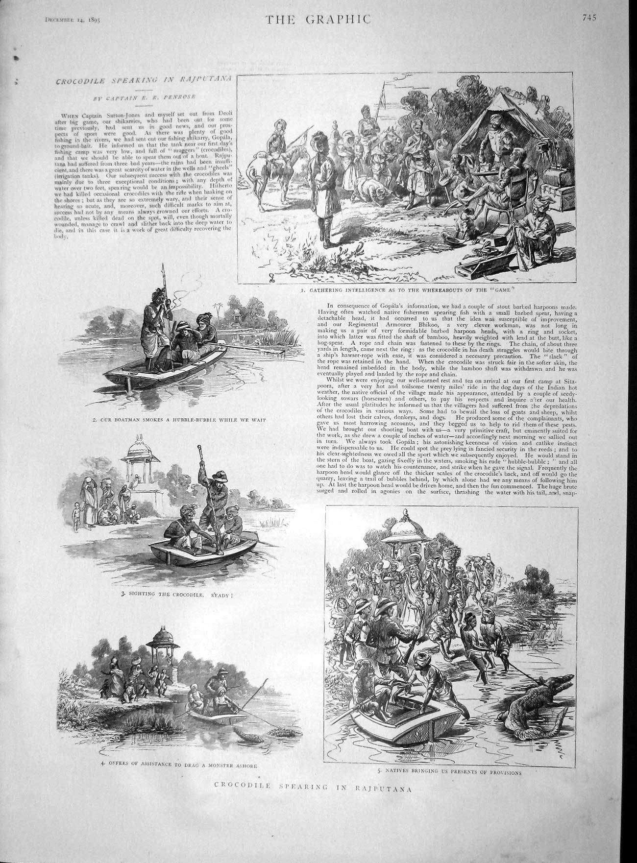 Original Old Antique Print 1895 Crocodile Hunting Rajputana Nurse Gray Hospital