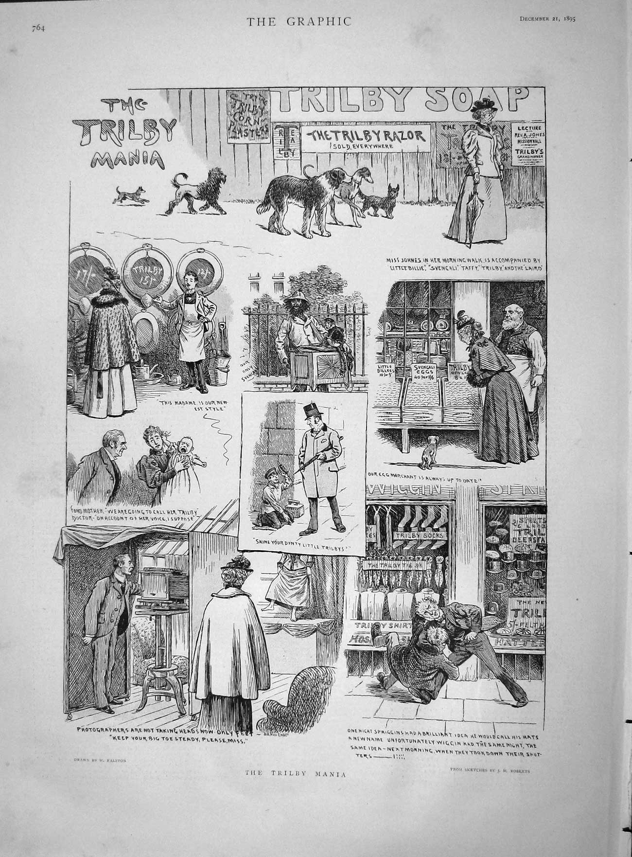 Original Old Antique Print 1895 Trilby Mania Soap Shopping Dogs Stree Victorian