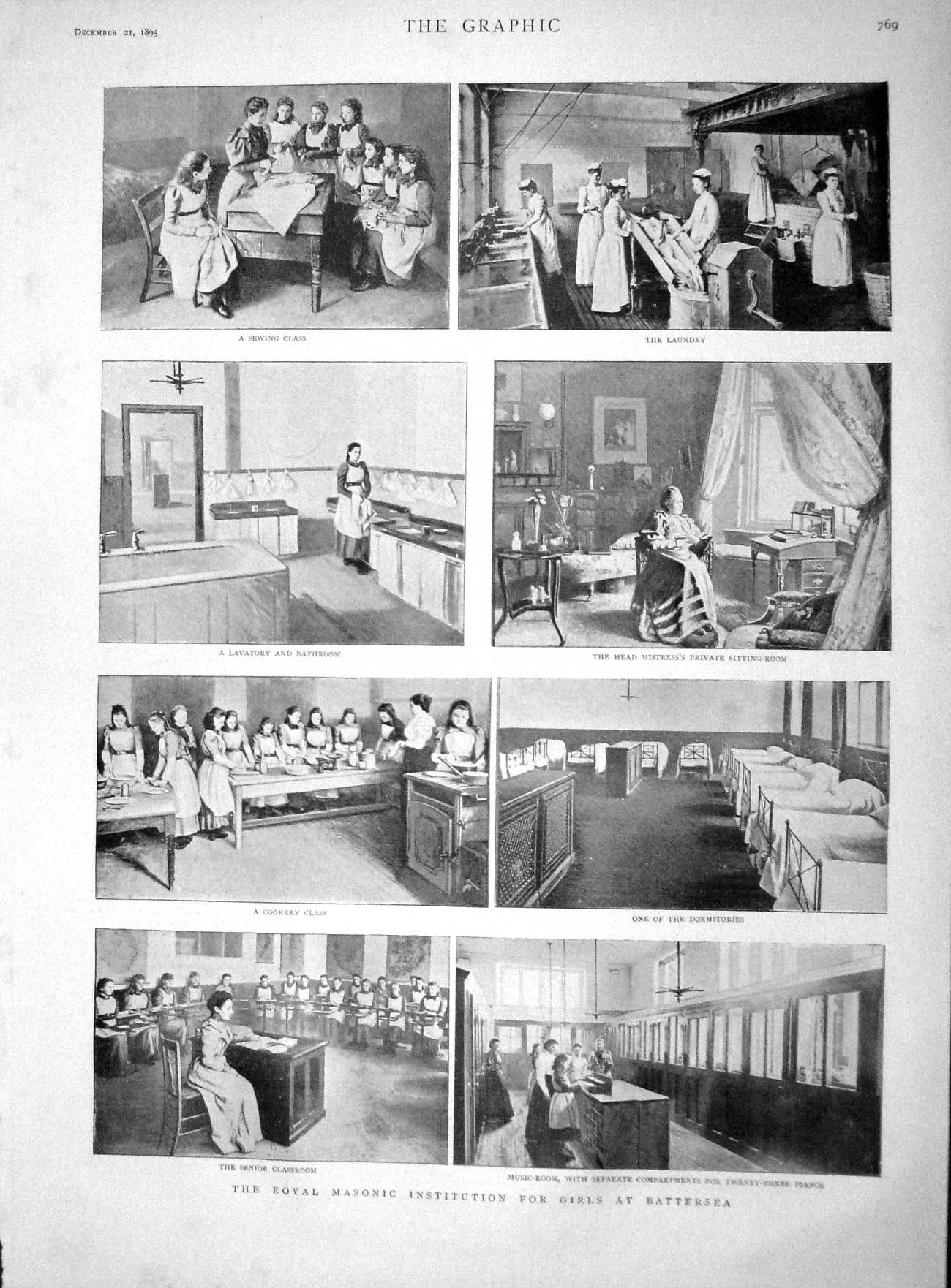 Original Old Antique Print 1895 Royal Masonic Institute Girls Battersea School