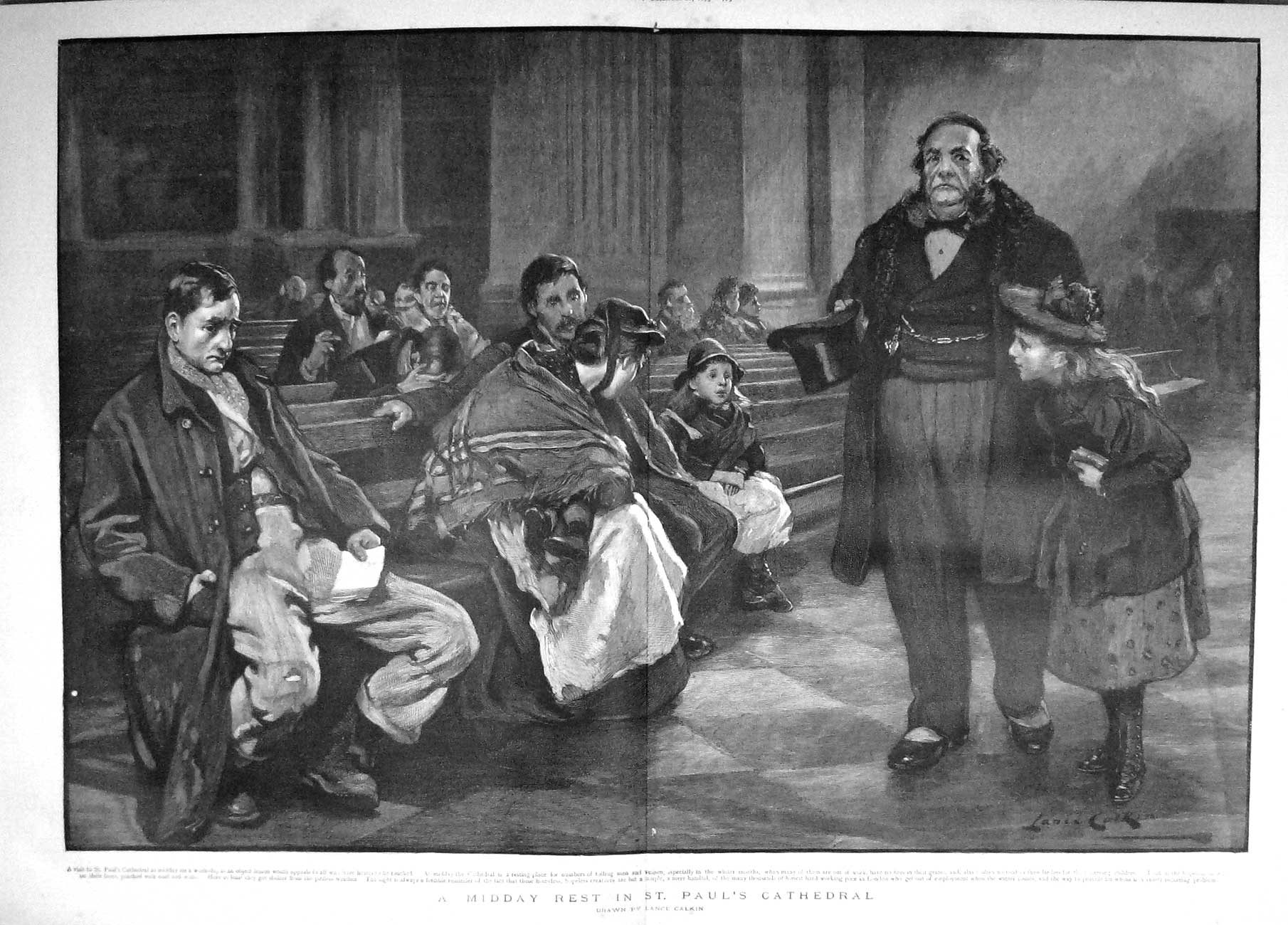 Original Old Antique Print 1895 Midday Rest St. Paul'S Cathedral London Calkin