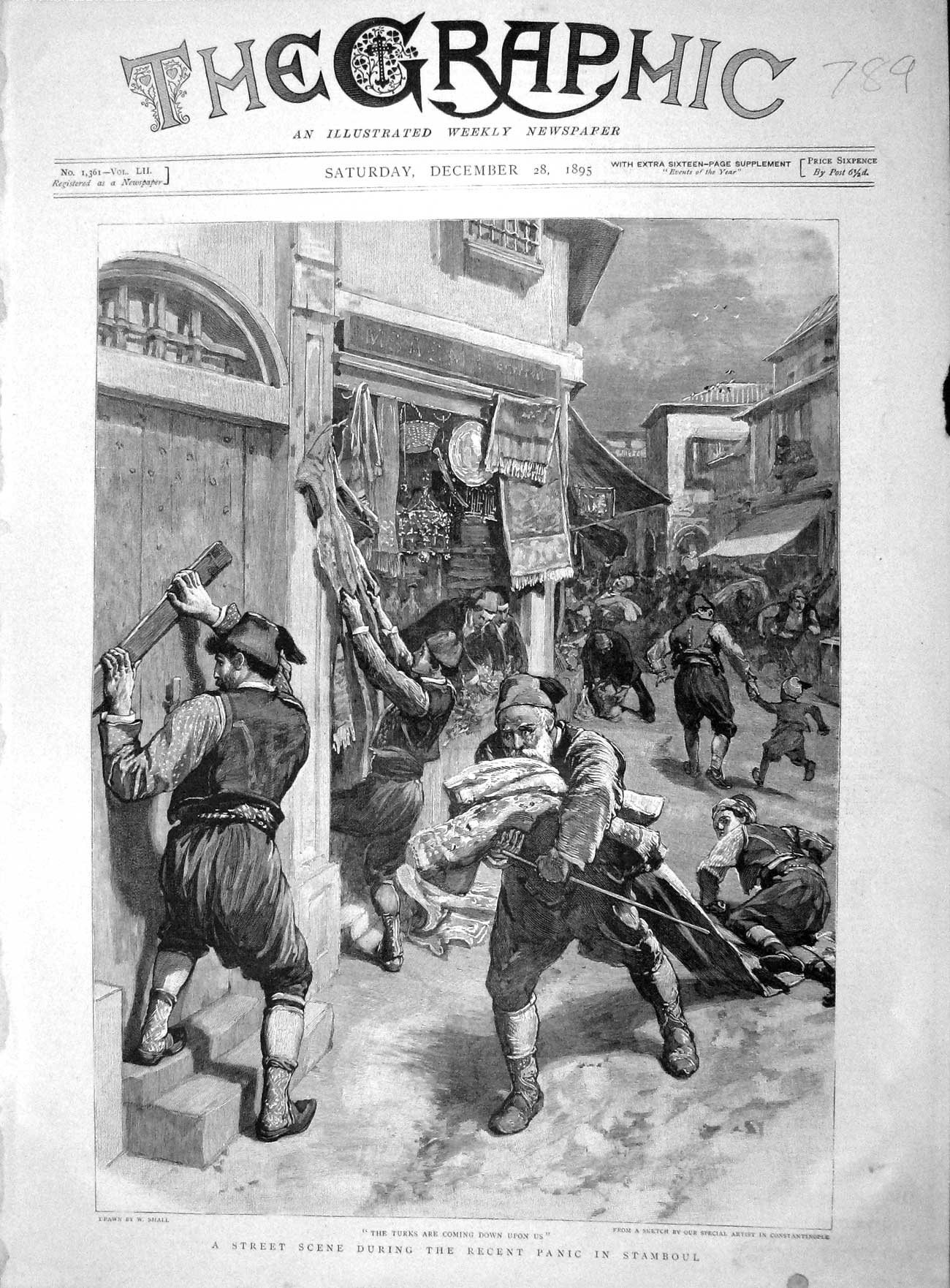 Original Old Antique Print 1895 Street Scene Panic Stamboul Turks Siers War