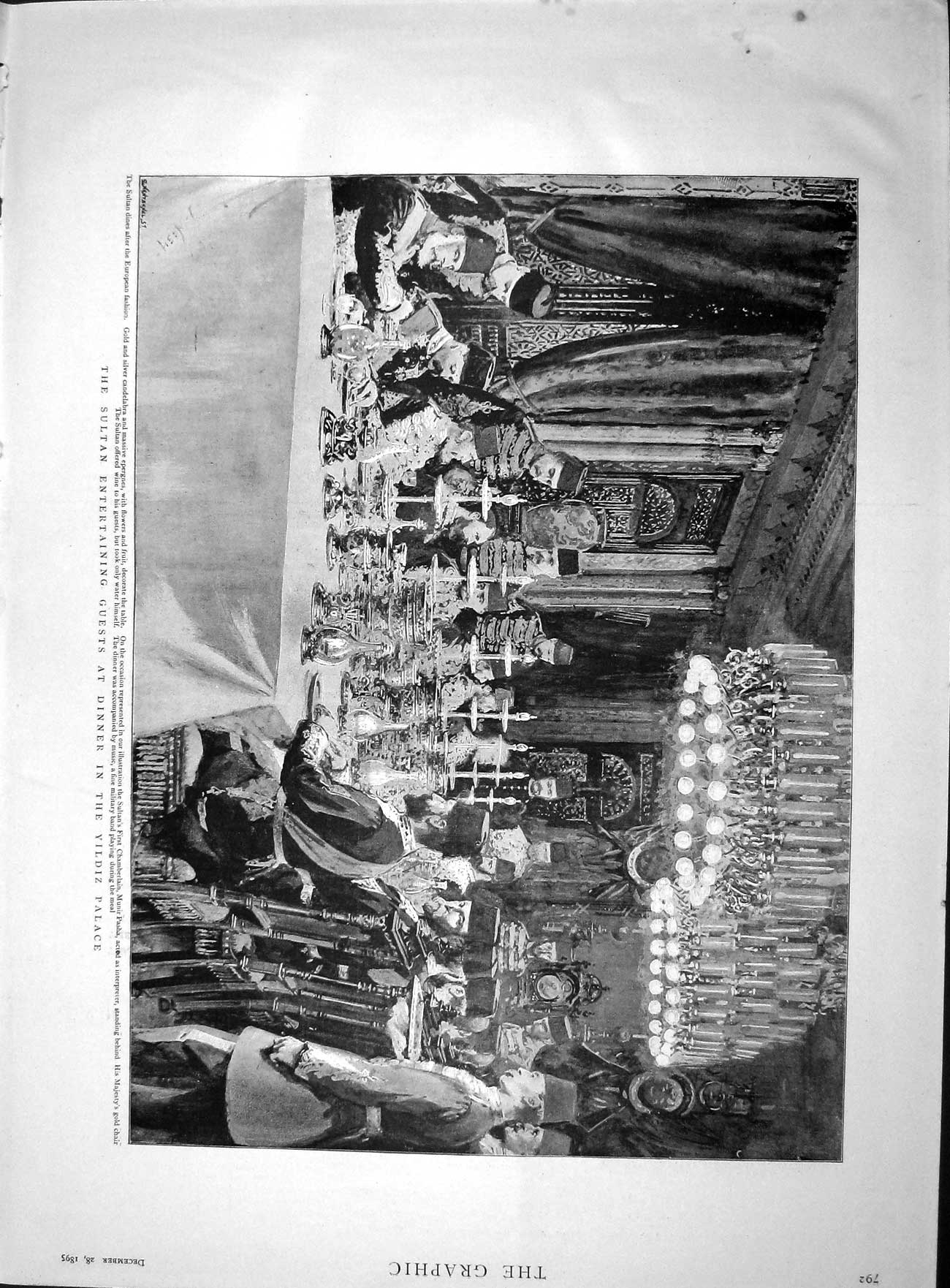 Original Old Antique Print 1895 Sultan Entertaining Guests Dinner Yildiz 19th