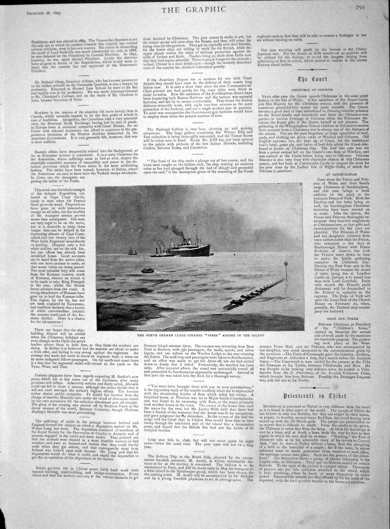 Original Old Antique Print 1895 North German Lloyd Steamer Ship Spree Solent