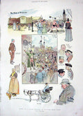 Original Old Antique Print 1895 Globe Trotter Puteaux Paris Horses Fruit Seller