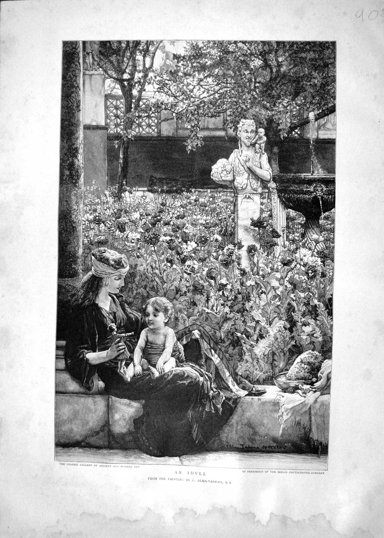 Original Old Antique Print 1895 Idyll Mother Baby Flowers Garden Alma-Tadema