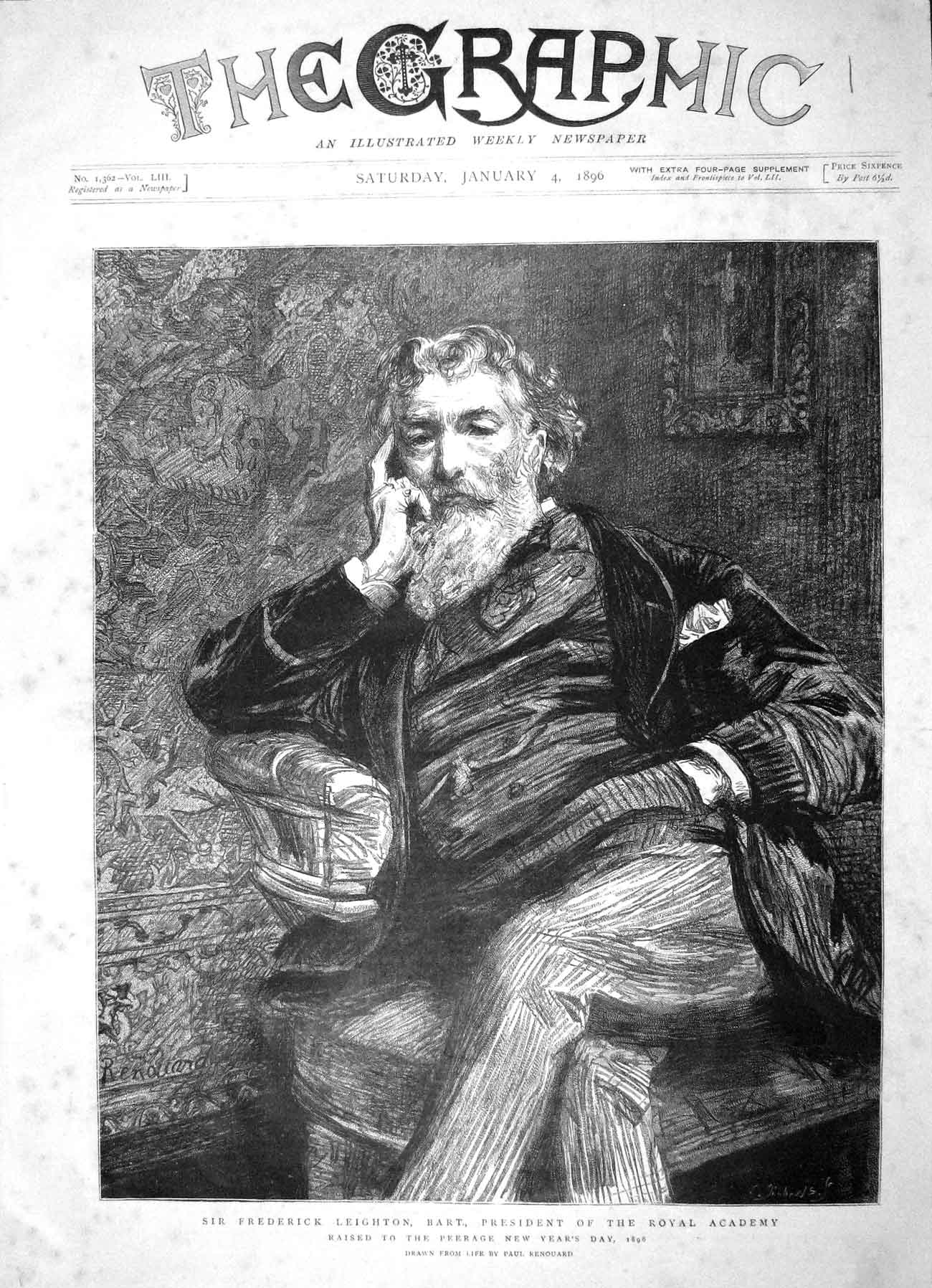 Original Old Antique Print 1896 Portrait Frederick Leighton Bart Royal Academy