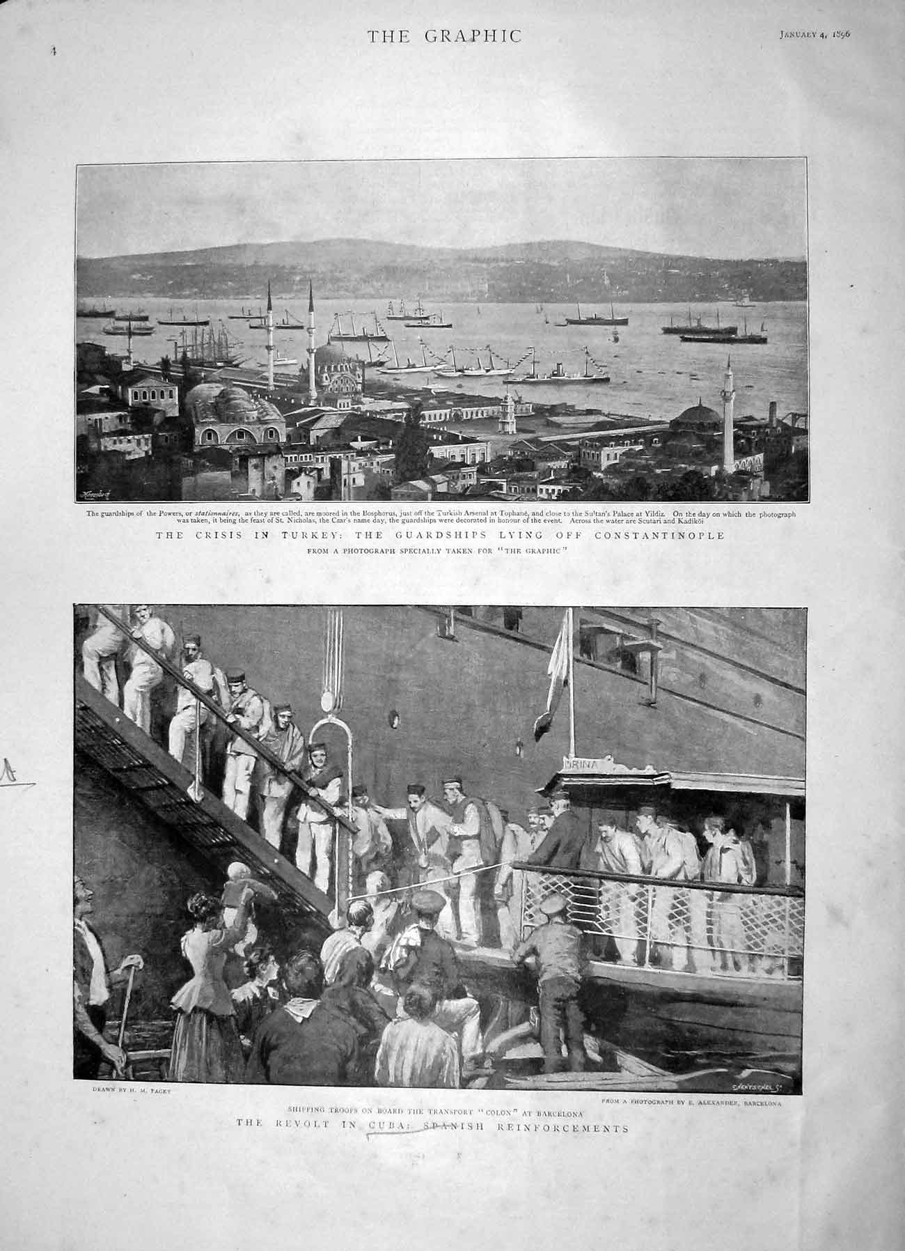 Old Antique Print 1896 Turkey Ships Constantinople Cuba Colon Barcelona 19th