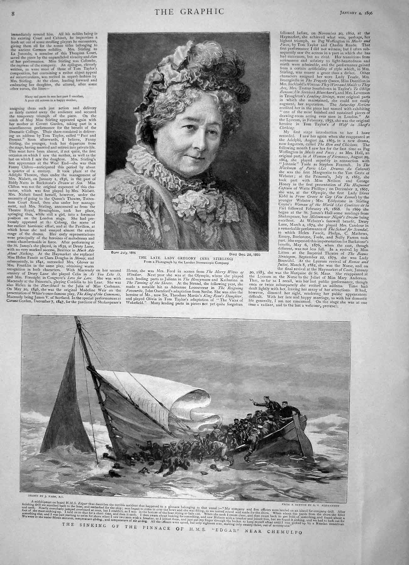 Old Antique Print 1896 Lady Gregory Stirling Sinking Pinnace Edgar Ship 19th