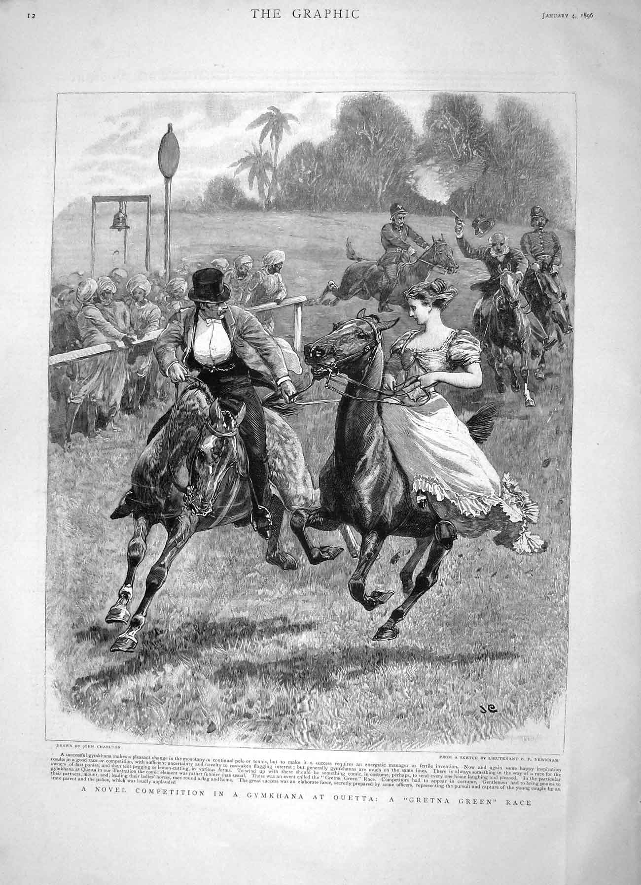 Original Old Antique Print 1896 Competition Horses Gymkhana Quetta Gretna Green