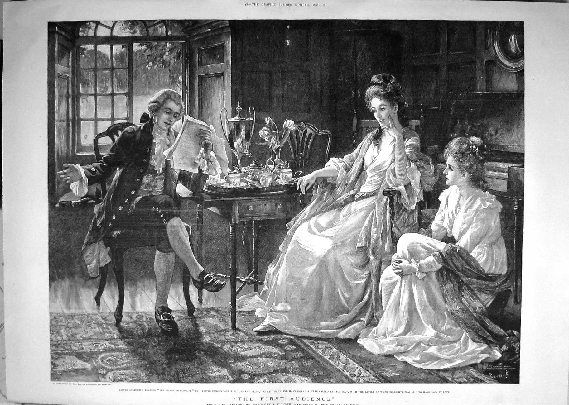 Original Old Antique Print 1896 Oliver Gsmith Reading Catherine Mary Horneck 0
