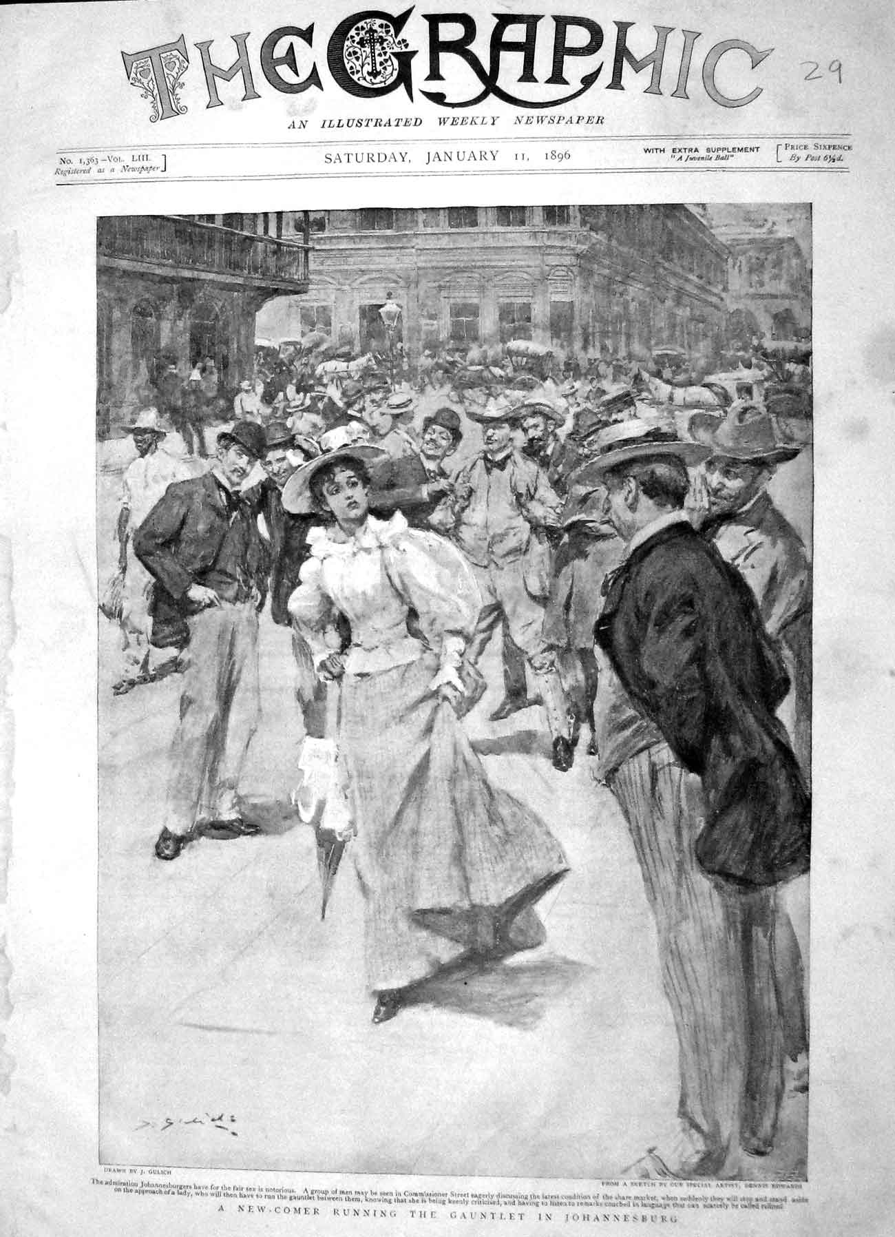 Original Old Antique Print 1896 Gauntlet Johannesburg Africa Lady Romance 19th