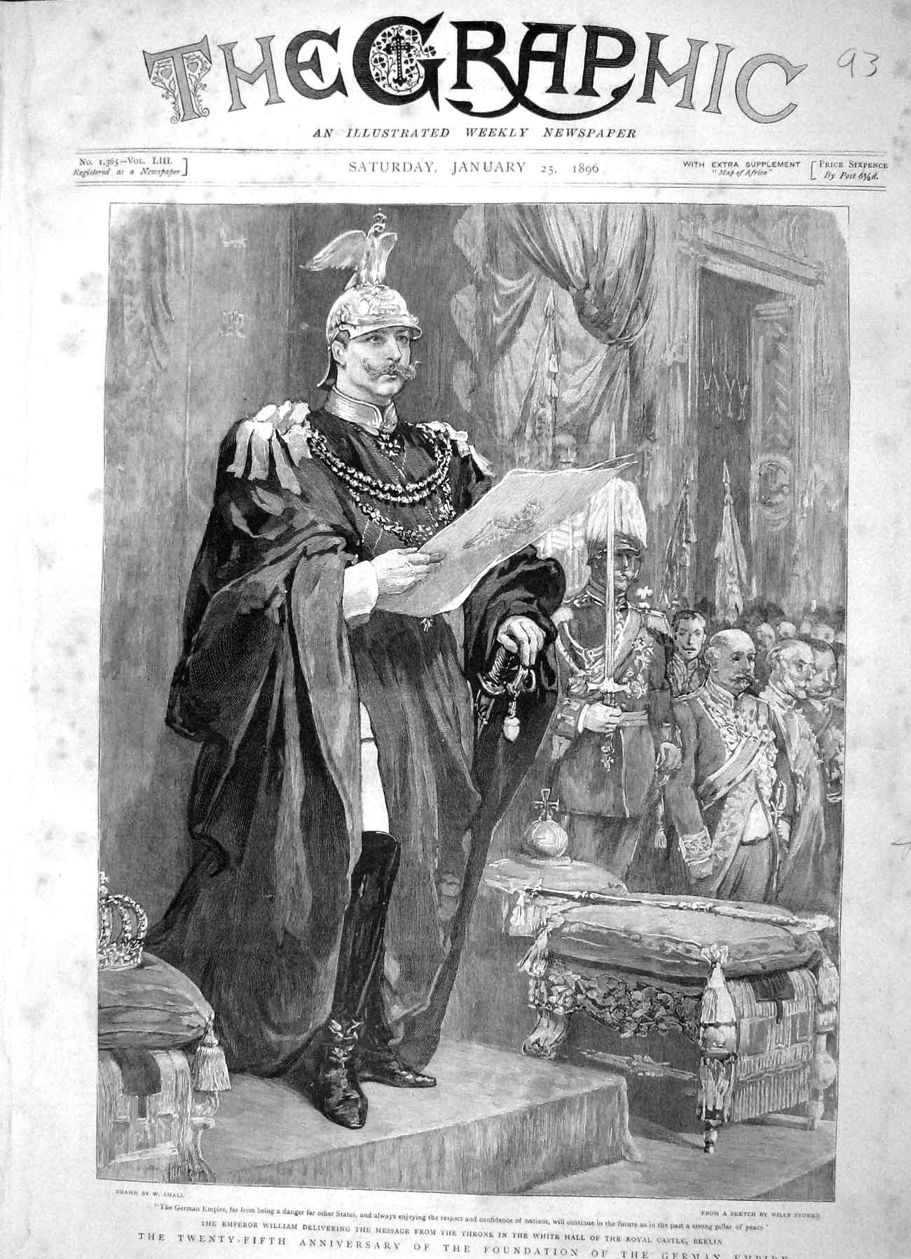 Original Old Antique Print 1896 German Emperor William White Hall Castle Berlin